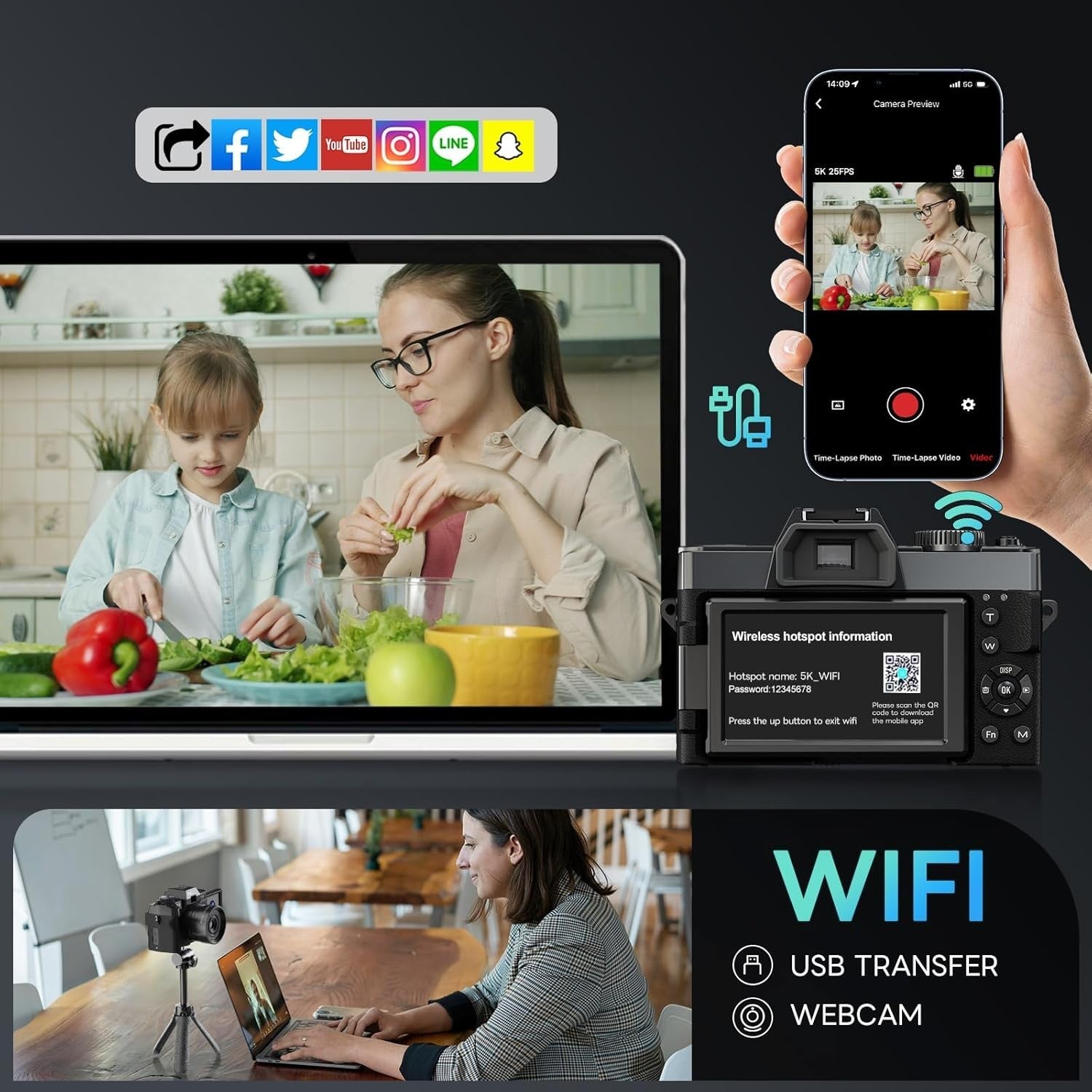 5K 64MP Vlogging Camera WiFi Flip Screen 16X Zoom Bundle Black