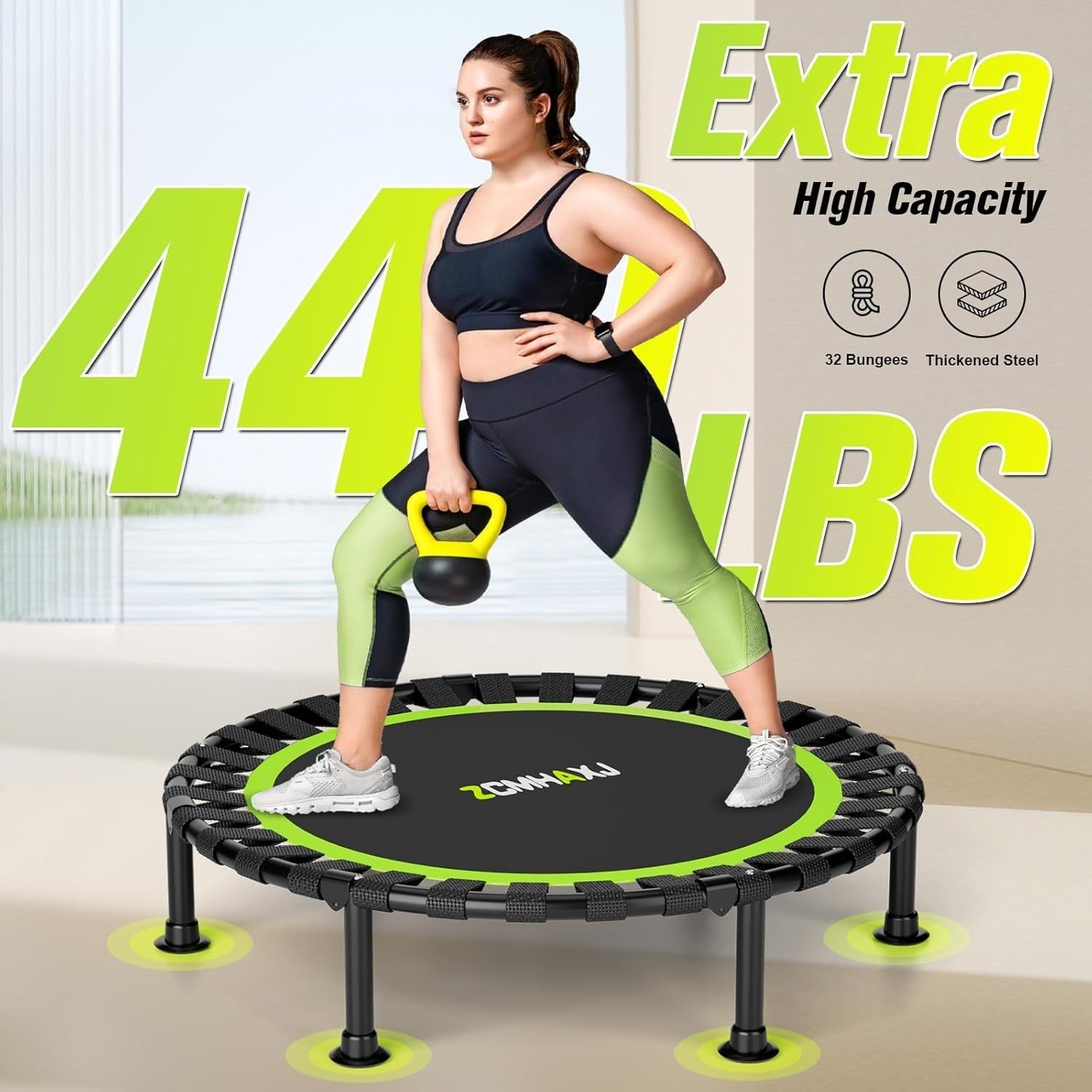 40in Foldable Rebounder Trampoline Indoor Fitness Adjustable Bar 440LBS