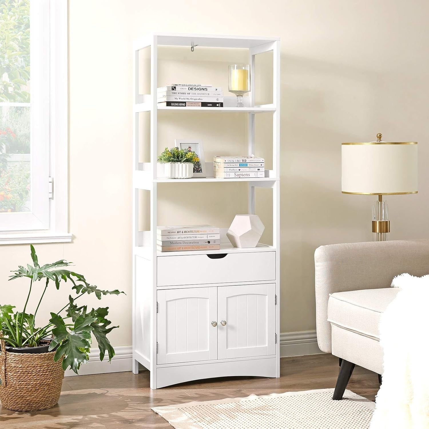 Tall Bathroom Storage Cabinet White 3 Shelf 1 Drawer Cupboard Freestanding Unit