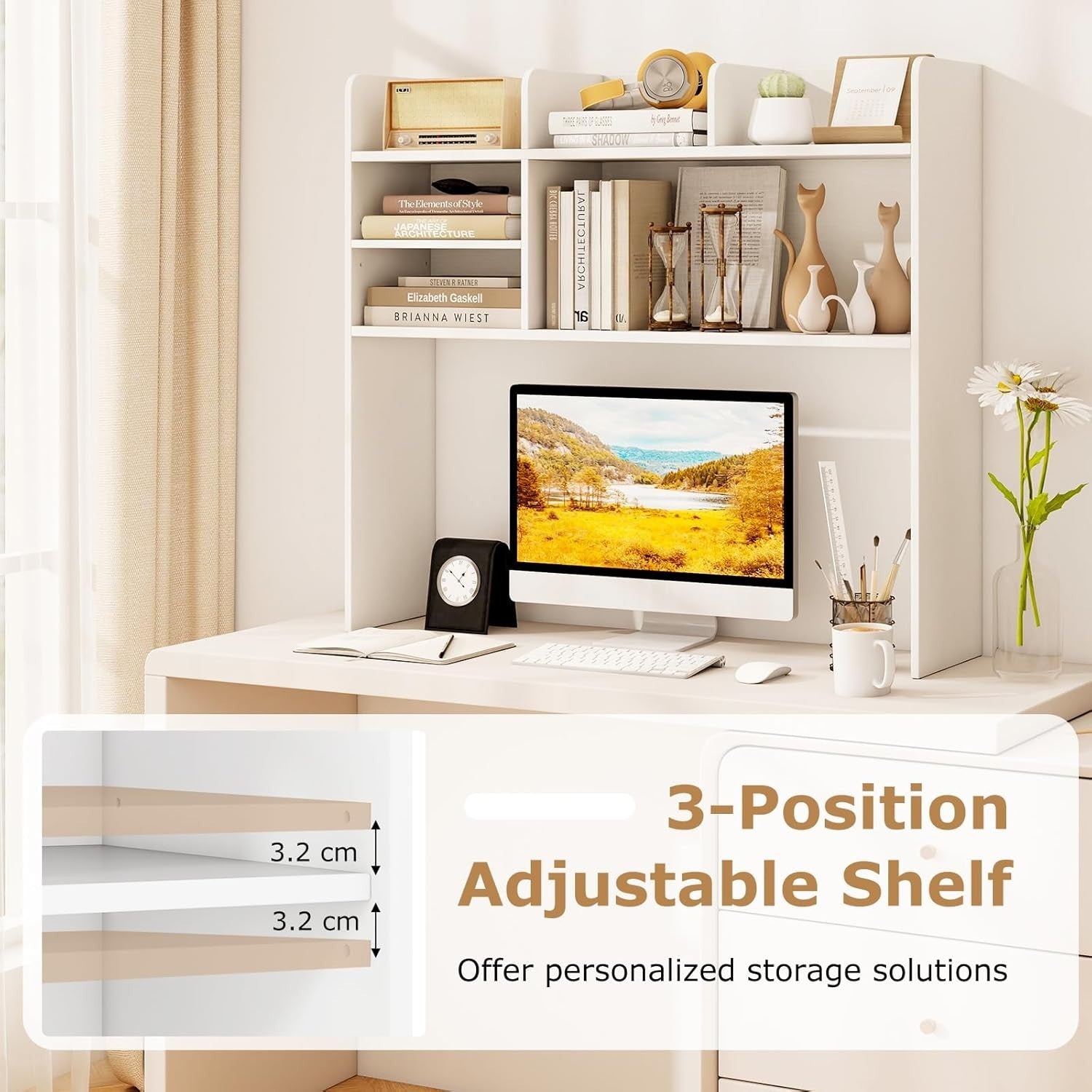 White Desktop Bookshelf Hutch 6-Shelf Monitor Storage Rack Adjustable