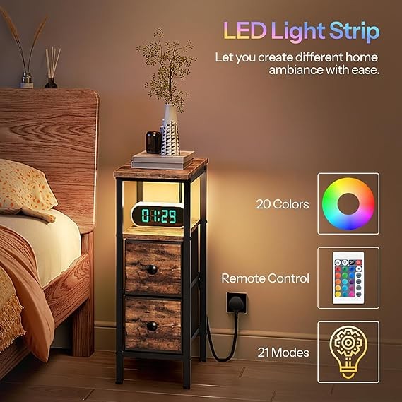 Slim Bedside Table with LED Light & Charging Ports, Narrow Nightstand Drawers