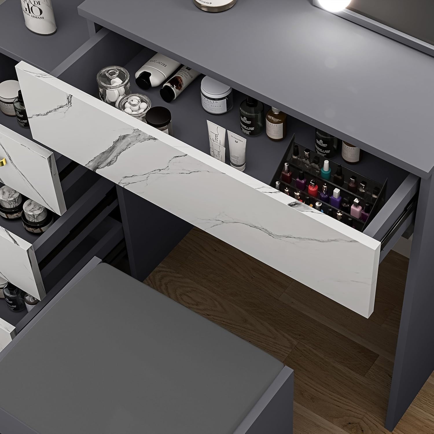 Corner Vanity Desk w/LED Mirror Lights 3 Drawers Cabinet Shelves Space Saver