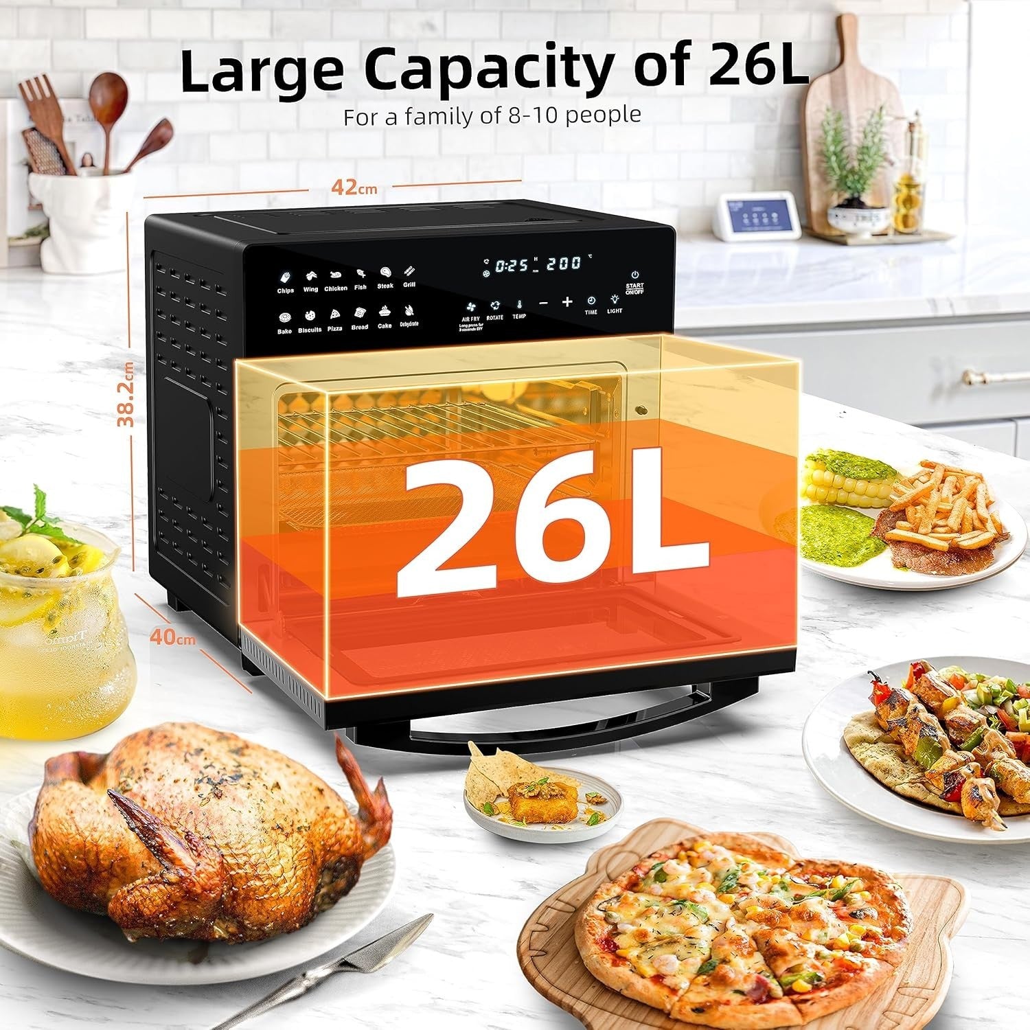26L Air Fryer Oven Rotisserie Touchscreen 12 Presets 1700W Low Fat XXL