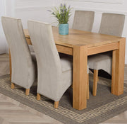 Chunky Oak Dining Table Set 4 Grey Fabric Chairs Solid Wood 150cm