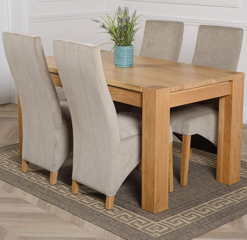 Chunky Oak Dining Table Set 4 Grey Fabric Chairs Solid Wood 150cm