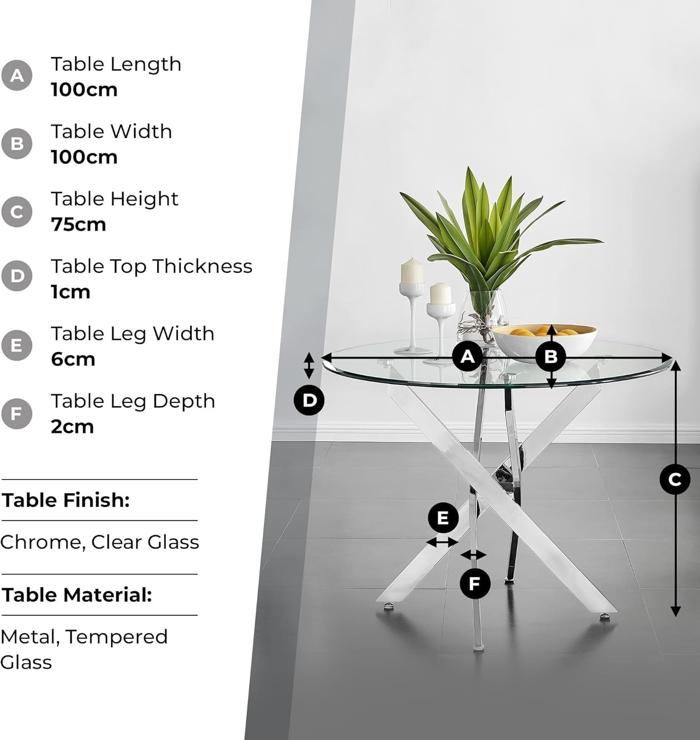 Modern 100cm Round Glass Dining Table with Chrome Cross Legs – Compact