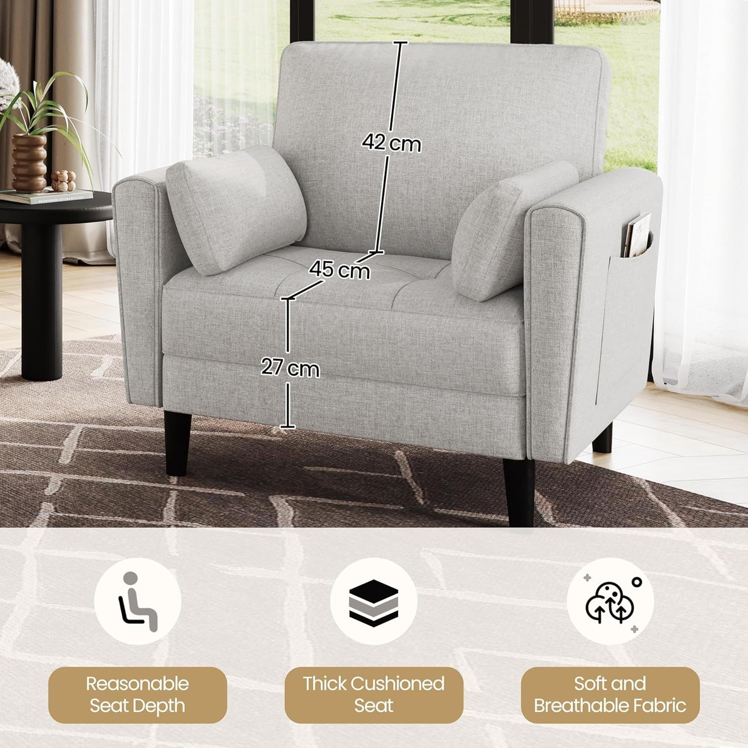 Grey Fabric Tub Chair Oversized Accent Armchair with Pillows & Storage