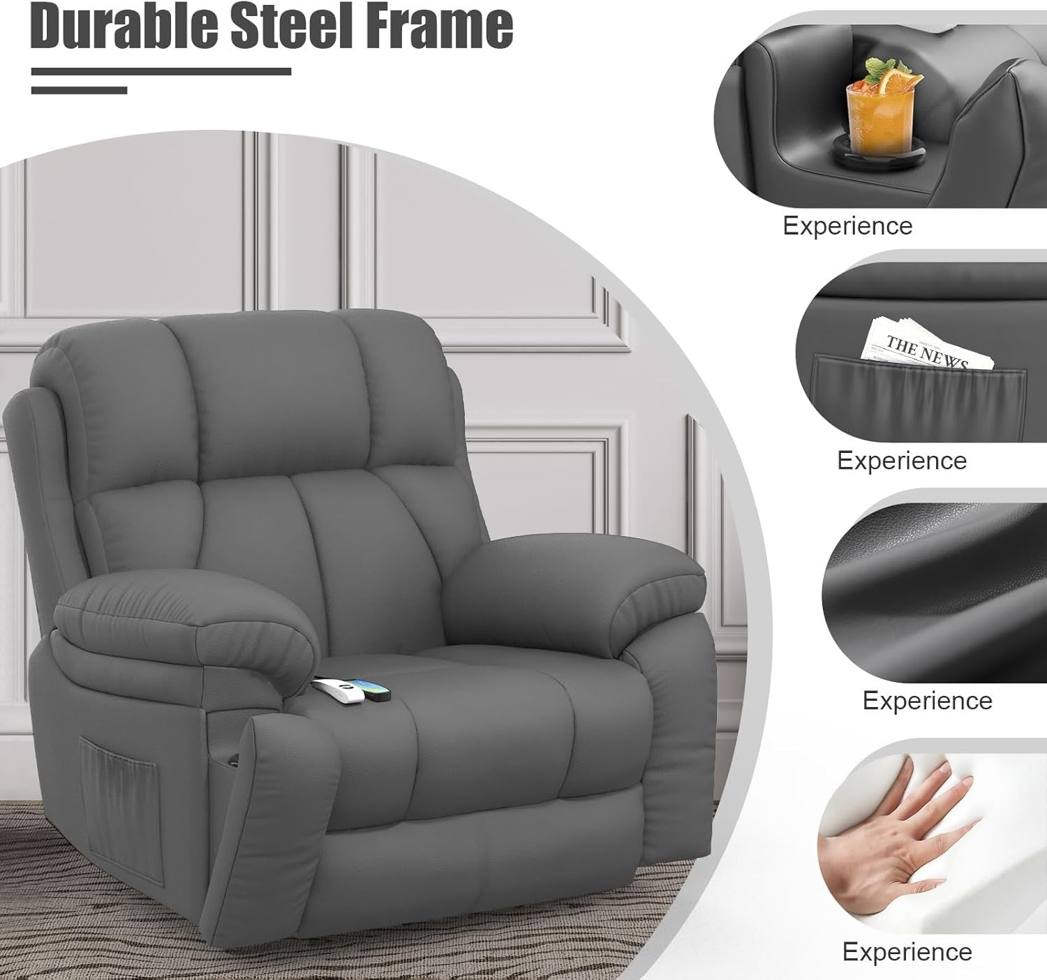Power Lift Recliner Chair Oversized Massage Heat USB Type-C Footrest Grey