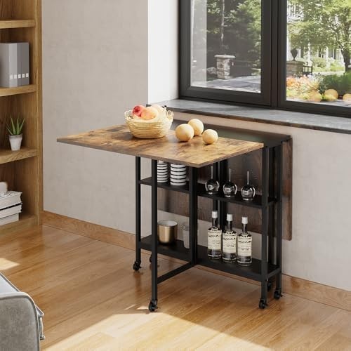 Foldable Space Saving Dining Table with Storage Shelves & Wheels for Small Rooms