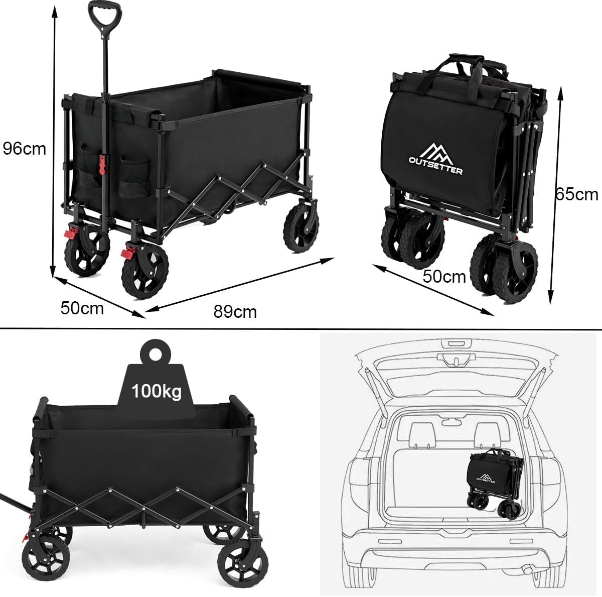 150L Folding Festival Trolley Cart with Adjustable Handle & 4 Wheels