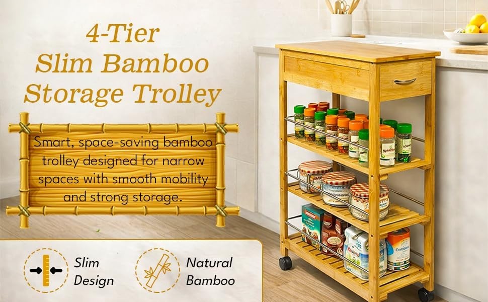 4 Tier Slim Bamboo Kitchen Trolley on Wheels Drawer Storage Cart Space Saver