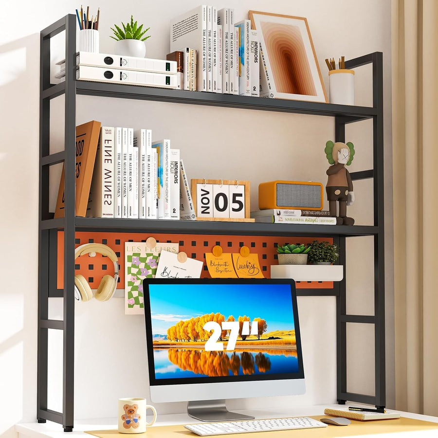 35.4" Metal Desk Hutch Shelf with Pegboard | 2-Tier Desktop Organizer Black