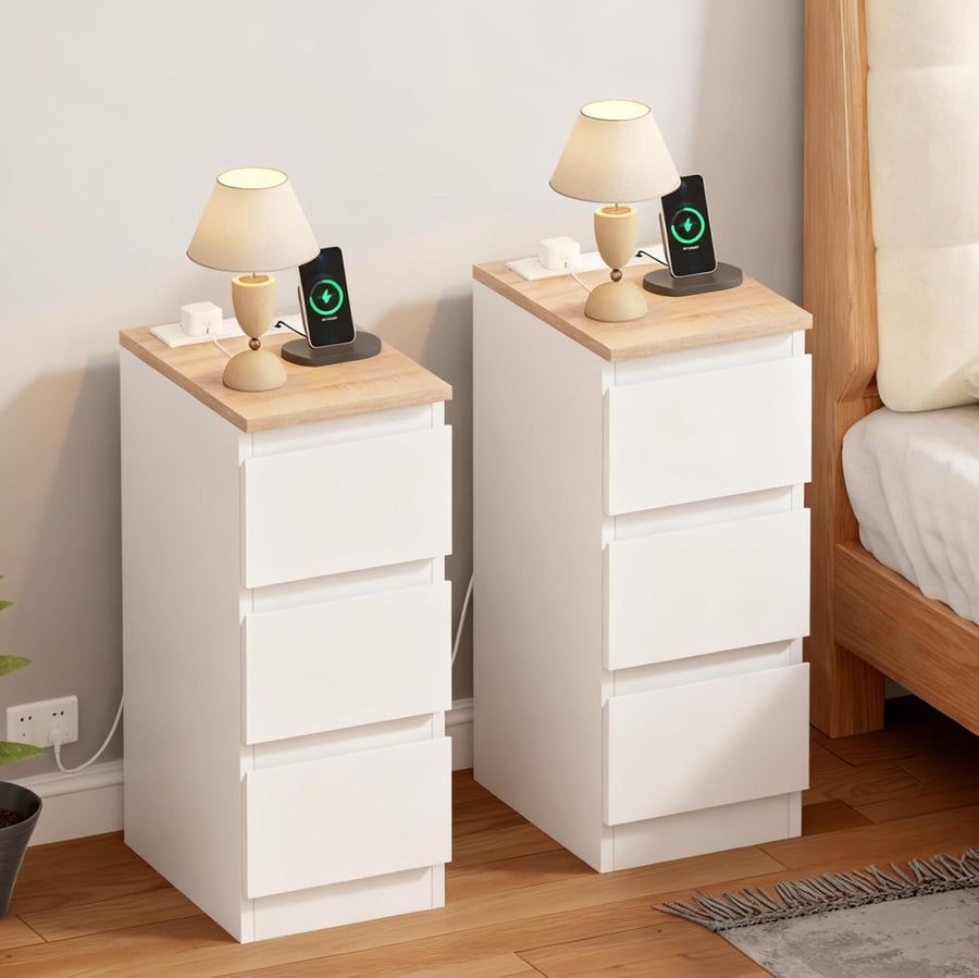 Set of 2 Slim Bedside Tables with Charging Station, 3 Drawers & USB Ports