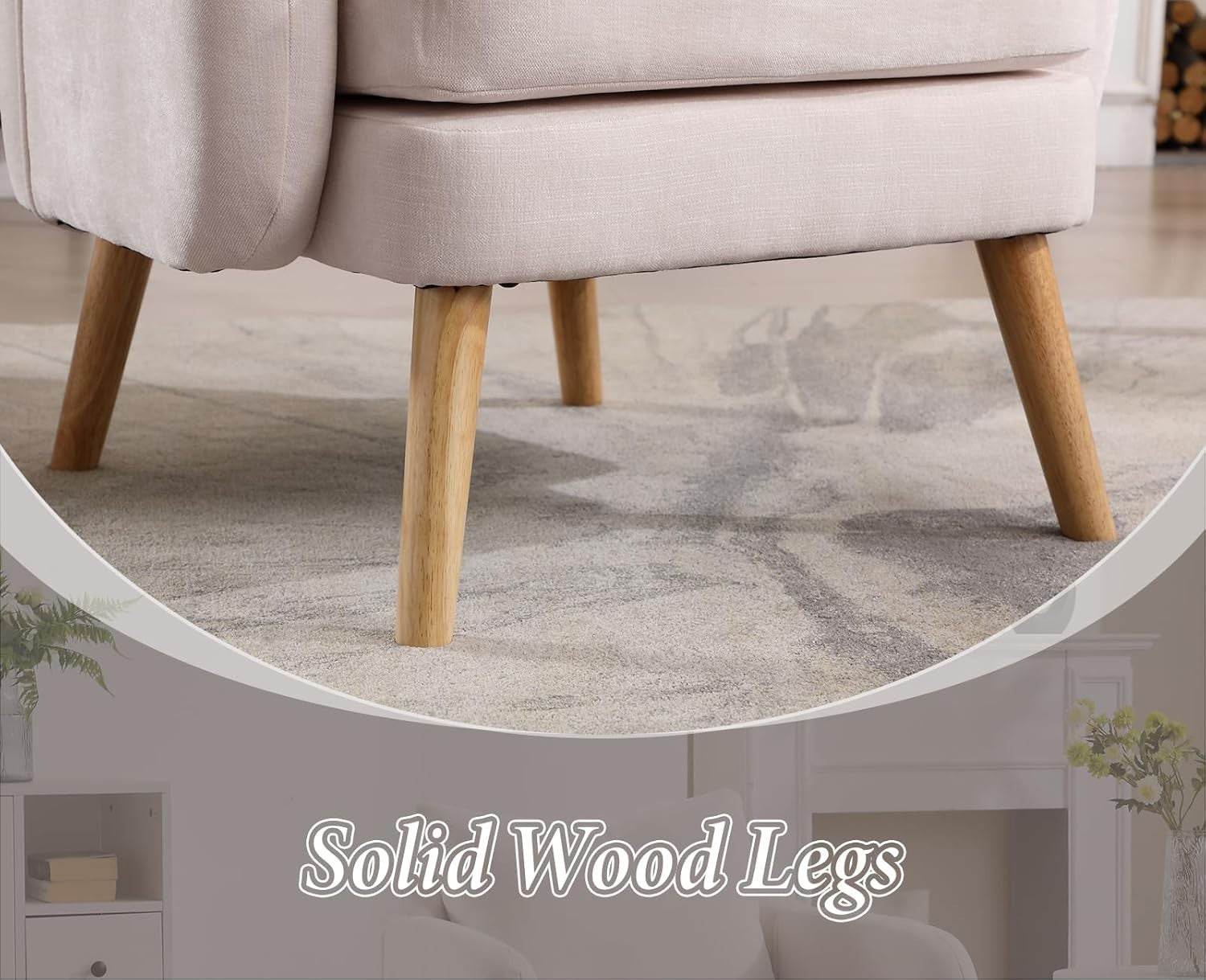 Beige Accent Armchair Chenille Lounge Chair with Wood Legs for Living Room