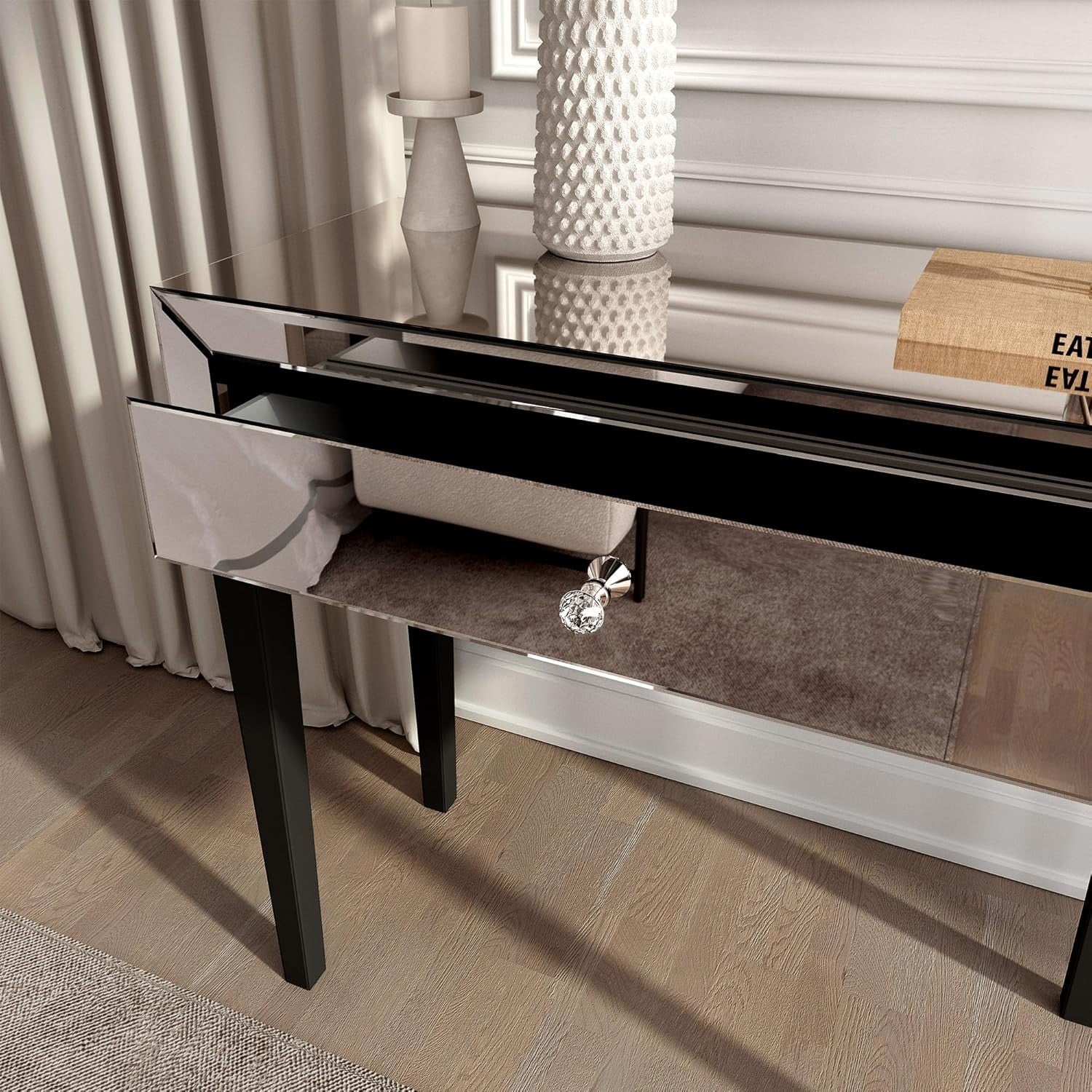 Mirrored Dressing Table Silver Glass Modern 1 Drawer Makeup Console Vanity Desk