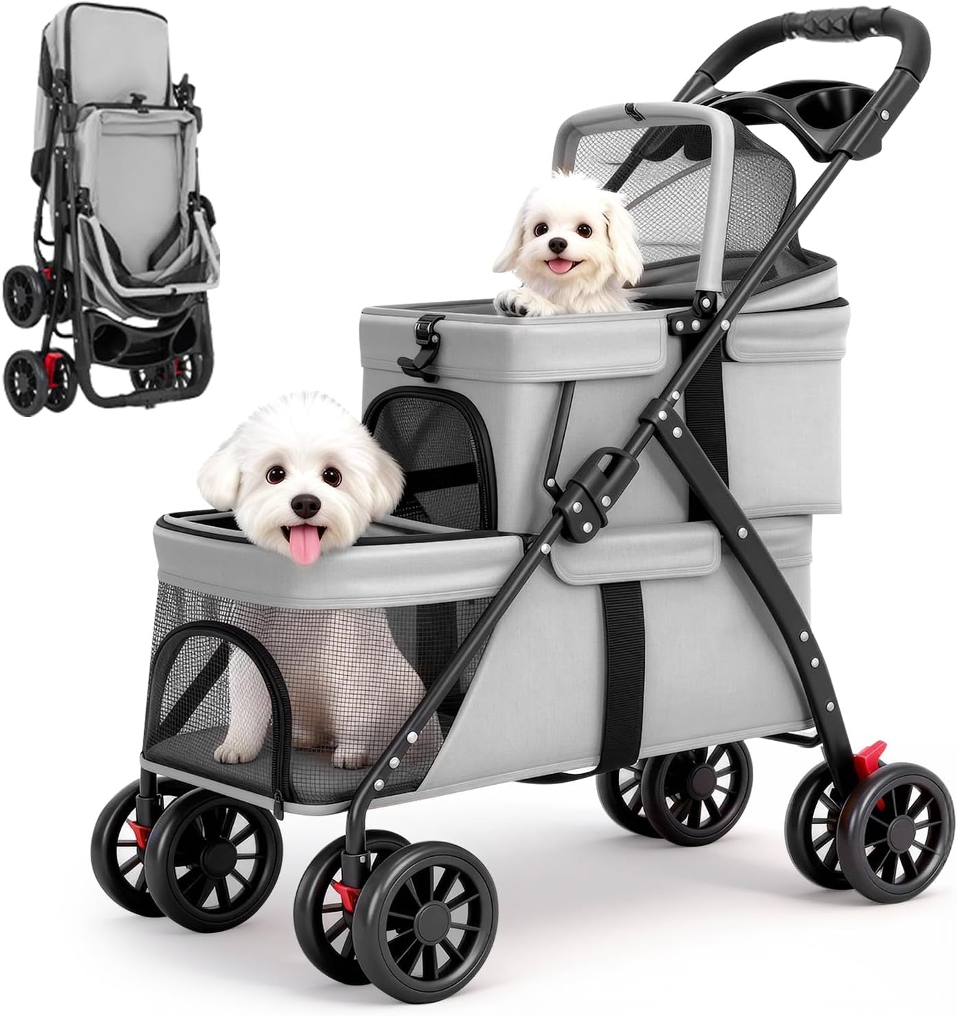 Double Pet Stroller for Small Dogs Cats 2 Tier Foldable 4 Wheel Pushchair