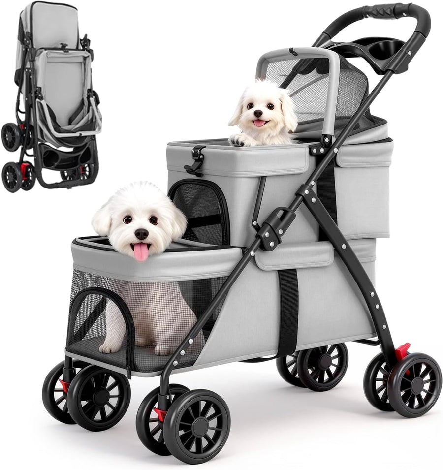 Double Pet Stroller for Small Dogs Cats 2 Tier Foldable 4 Wheel Pushchair