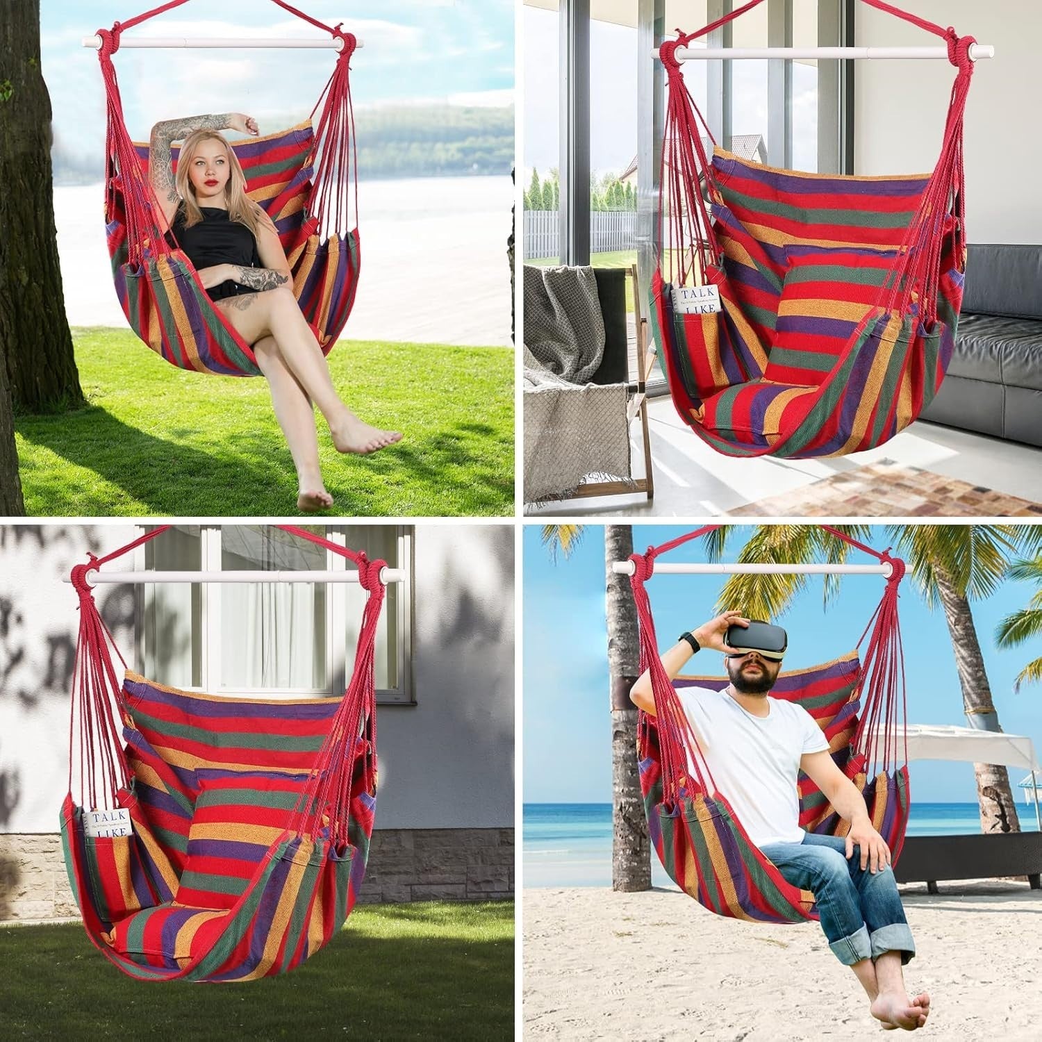 Hammock Swing Chair w/ Cushions & Support Bar, Portable Cotton Seat 150kg