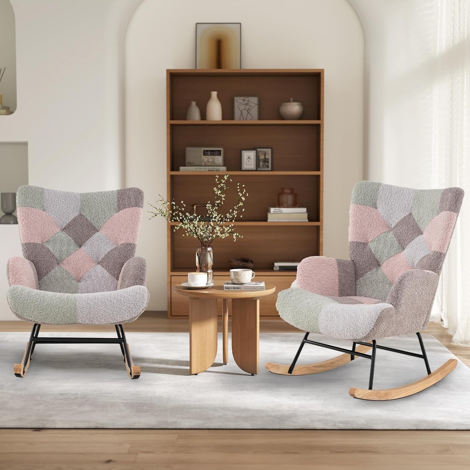 Tufted Rocking Armchair Boucle Fabric Wingback Chair for Nursery, Lounge