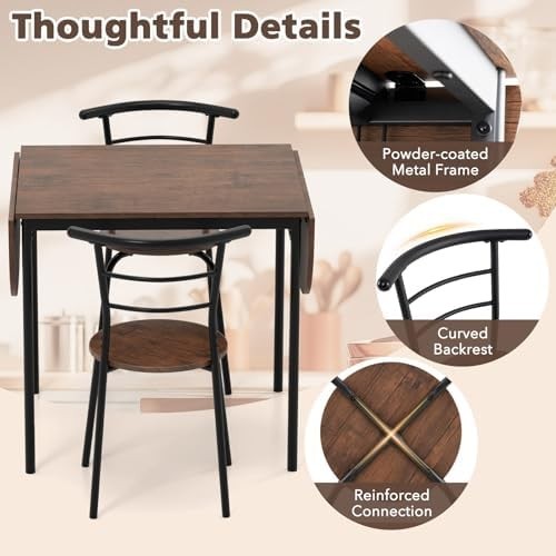 3-Piece Folding Dining Set Drop Leaf Table and Chairs Rustic Brown Black
