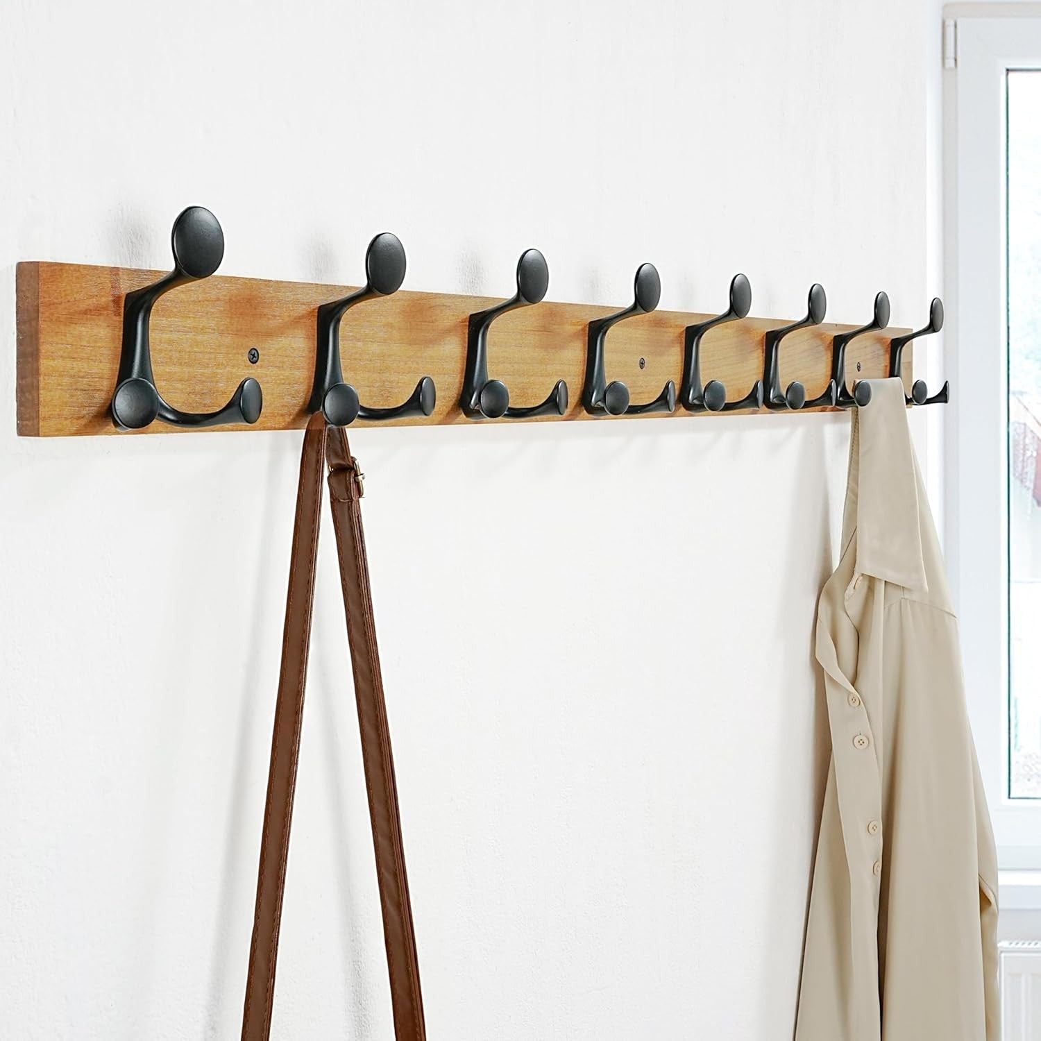 Light Brown Wall Coat Rack 8 Triple Hooks | Rustic Wood Hanging Rail 43
