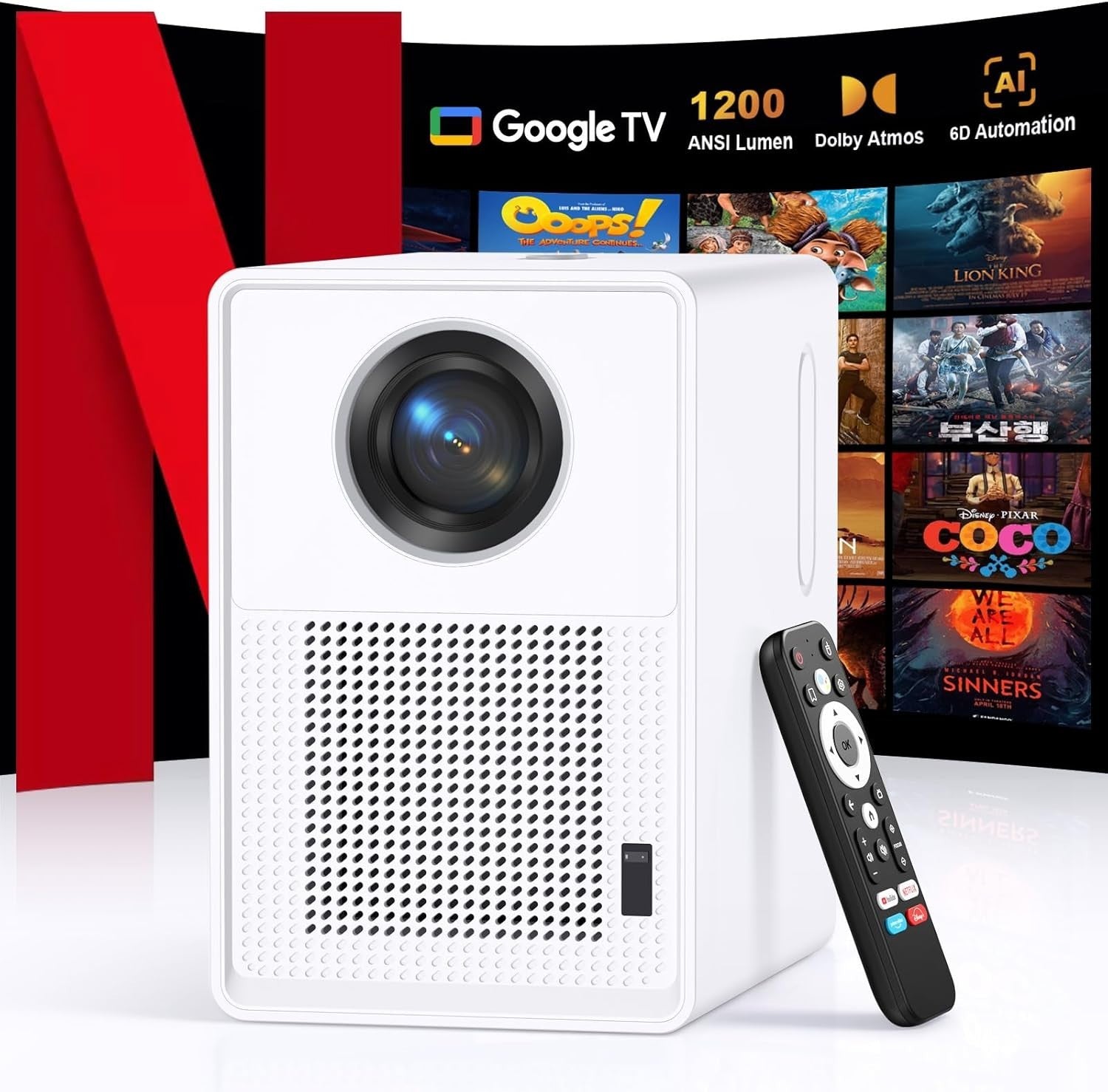 1200 ANSI Smart Projector 1080P 4K Ready WiFi 6 Google TV Netflix