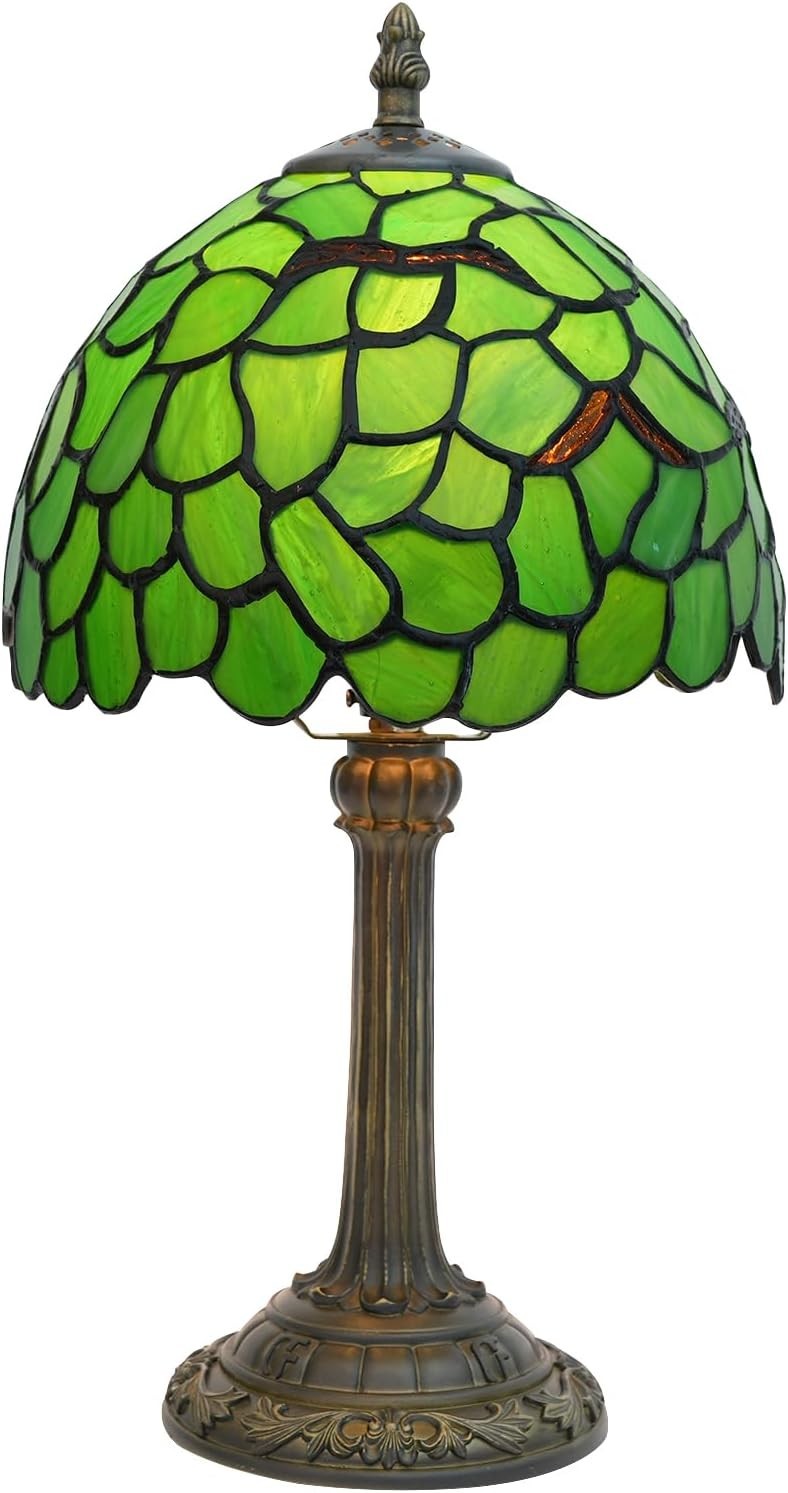 Stained Glass Tiffany Table Lamp Green Leaf 8x14 Inch Desk Light