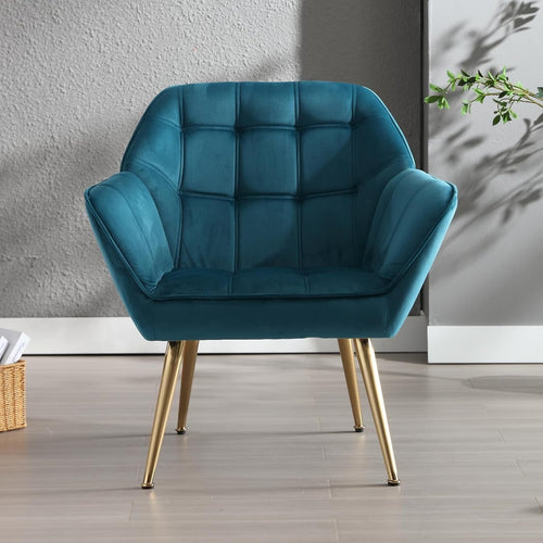 Velvet Accent Armchair Modern Tub Chair Blue Seat with Gold Metal Legs