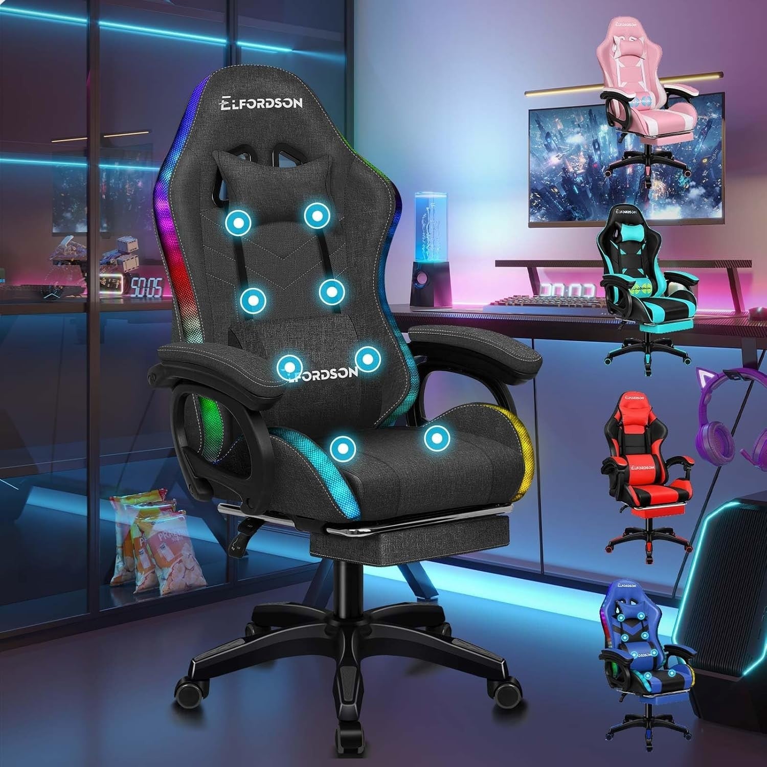 Gaming Chair Office PC LED RGB Massage Recliner Cushion Back Linen Grey 180KG