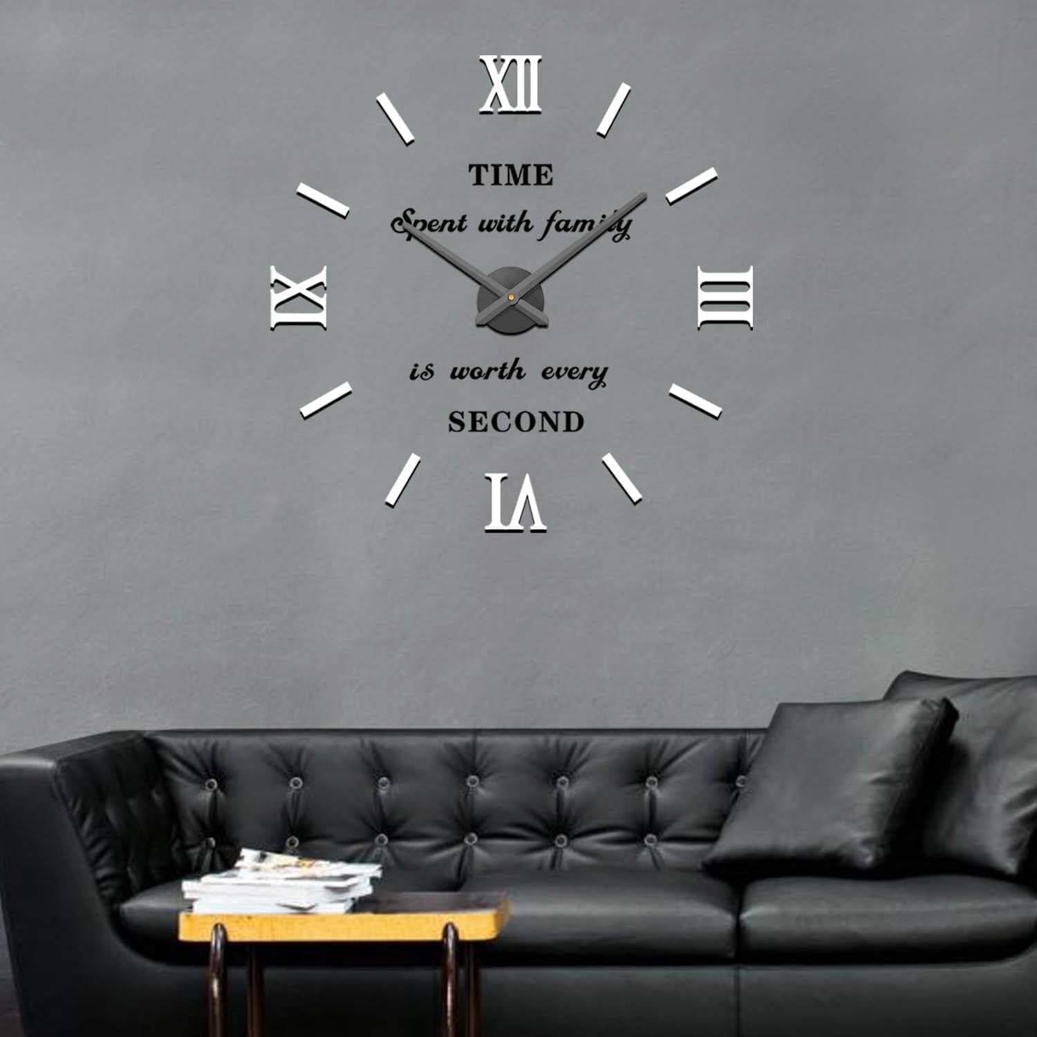 Modern DIY Frameless Wall Clock Large 3D Mirror Sticker Roman Numeral Decor