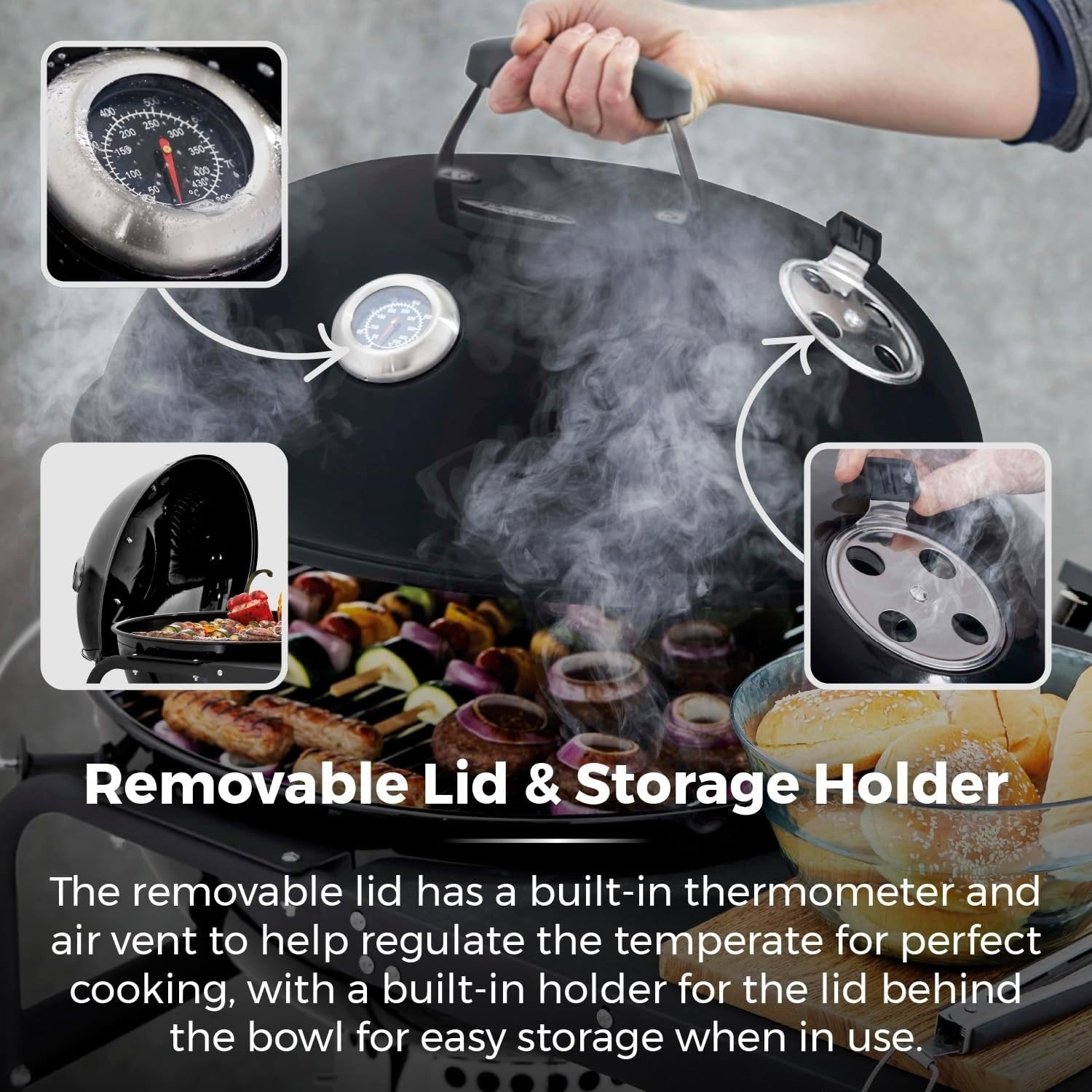 Charcoal BBQ Grill with Side Table & Thermometer – Portable Garden Barbecue