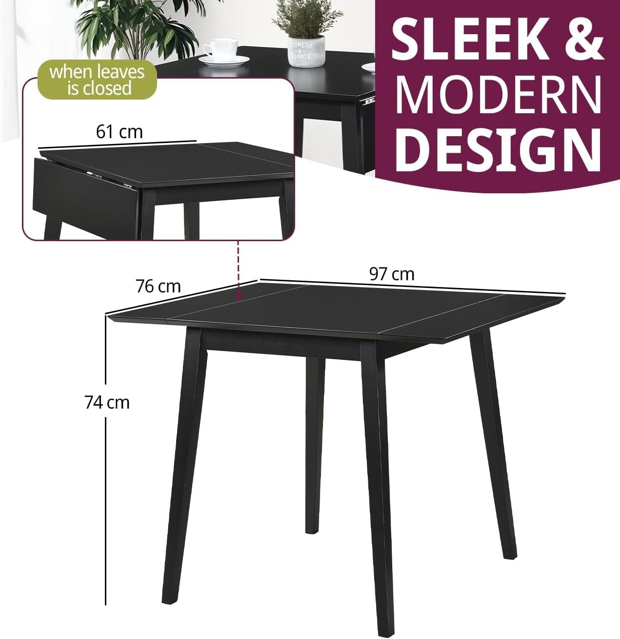 Small Black Drop Leaf Folding Dining Table Space-Saving Rectangular