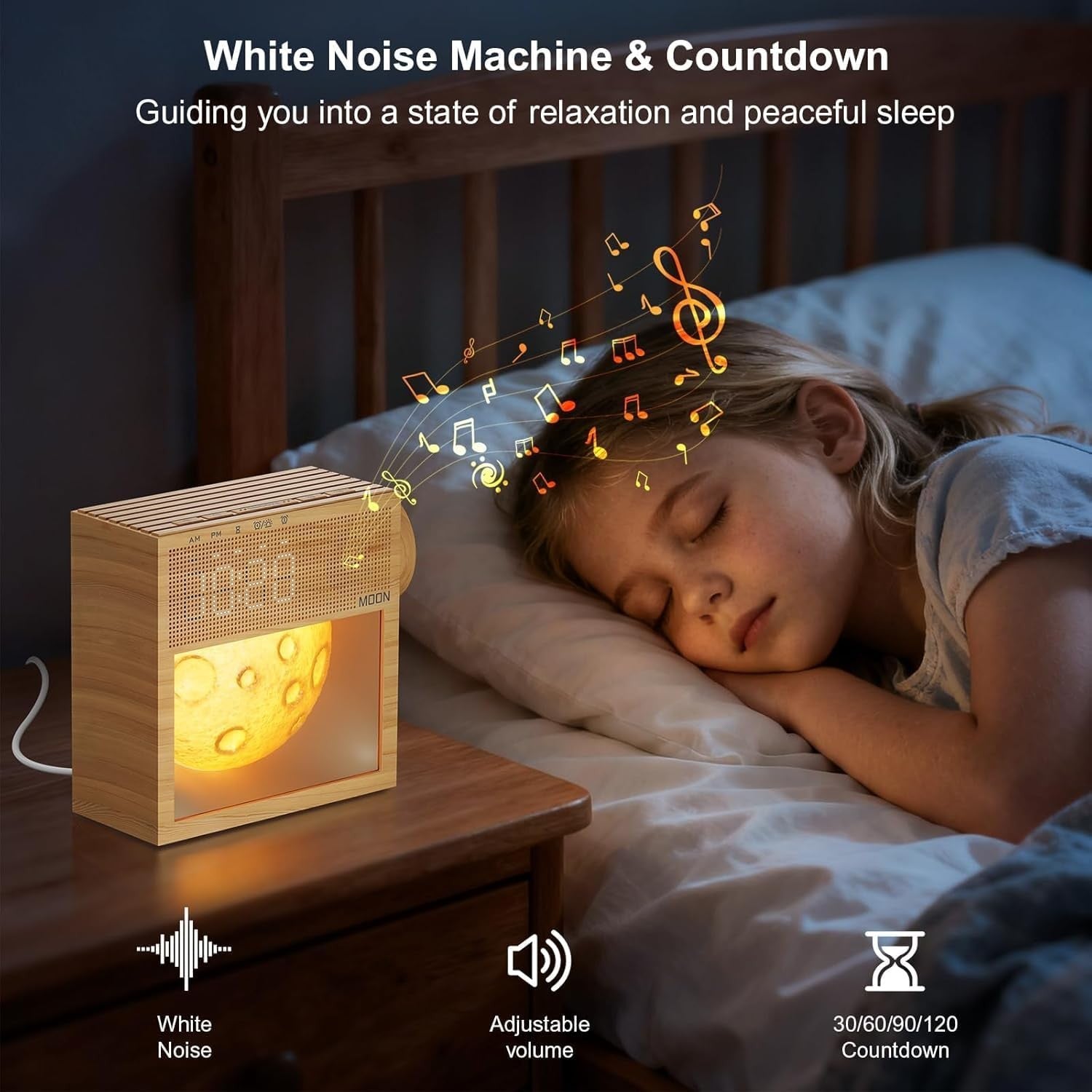 Sunrise Alarm Clock Wooden Wake Light Noise Machine Snooze Bedroom Lamp
