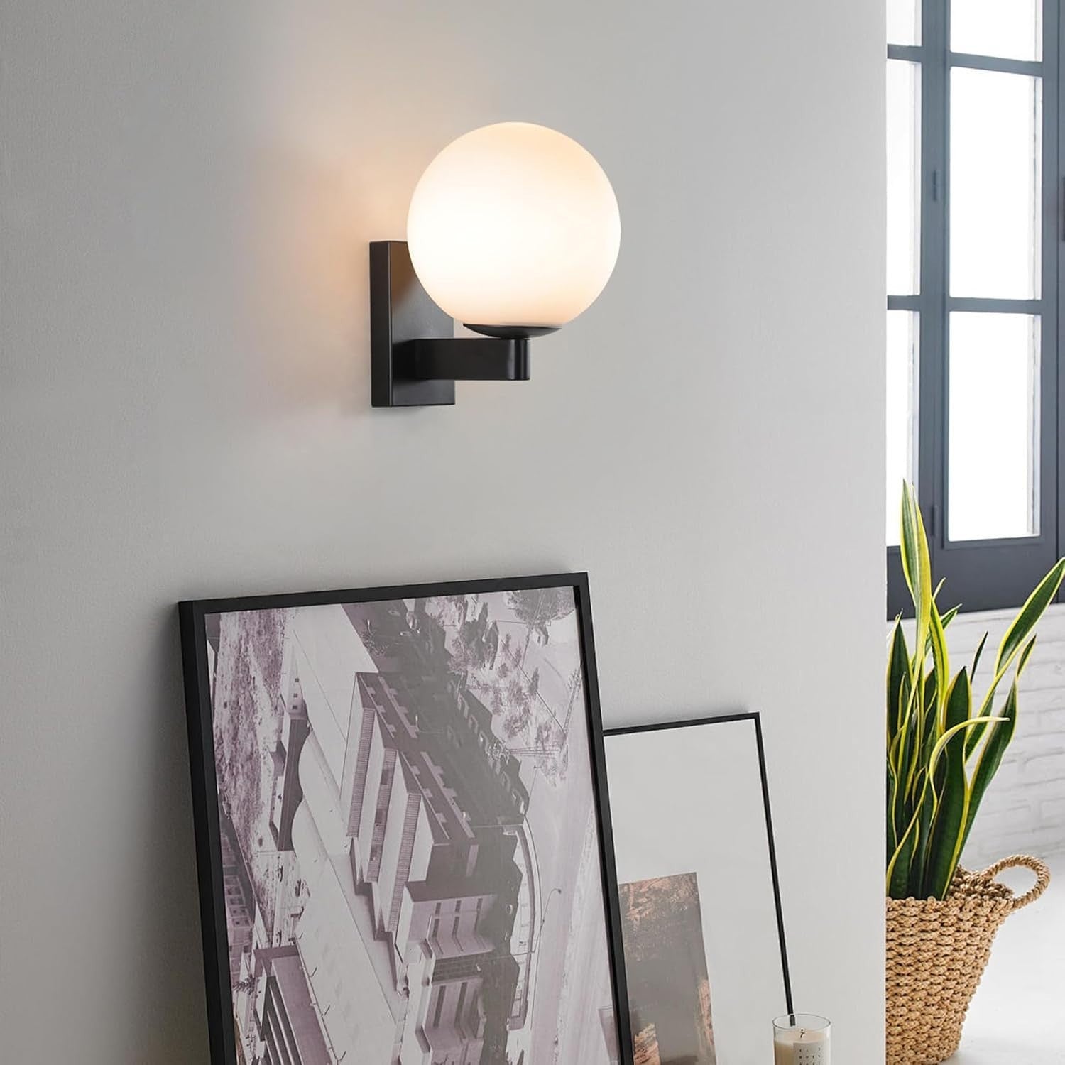 Minimalist Black Glass Globe Wall Light E27, Elegant Bedroom & Hallway