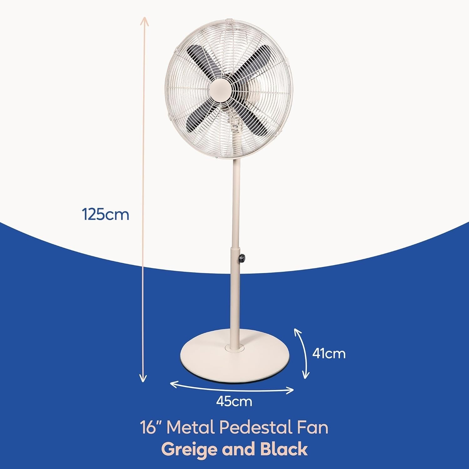 16" Greige Metal Pedestal Fan – 3-Speed Adjustable Height Oscillating Floor Fan
