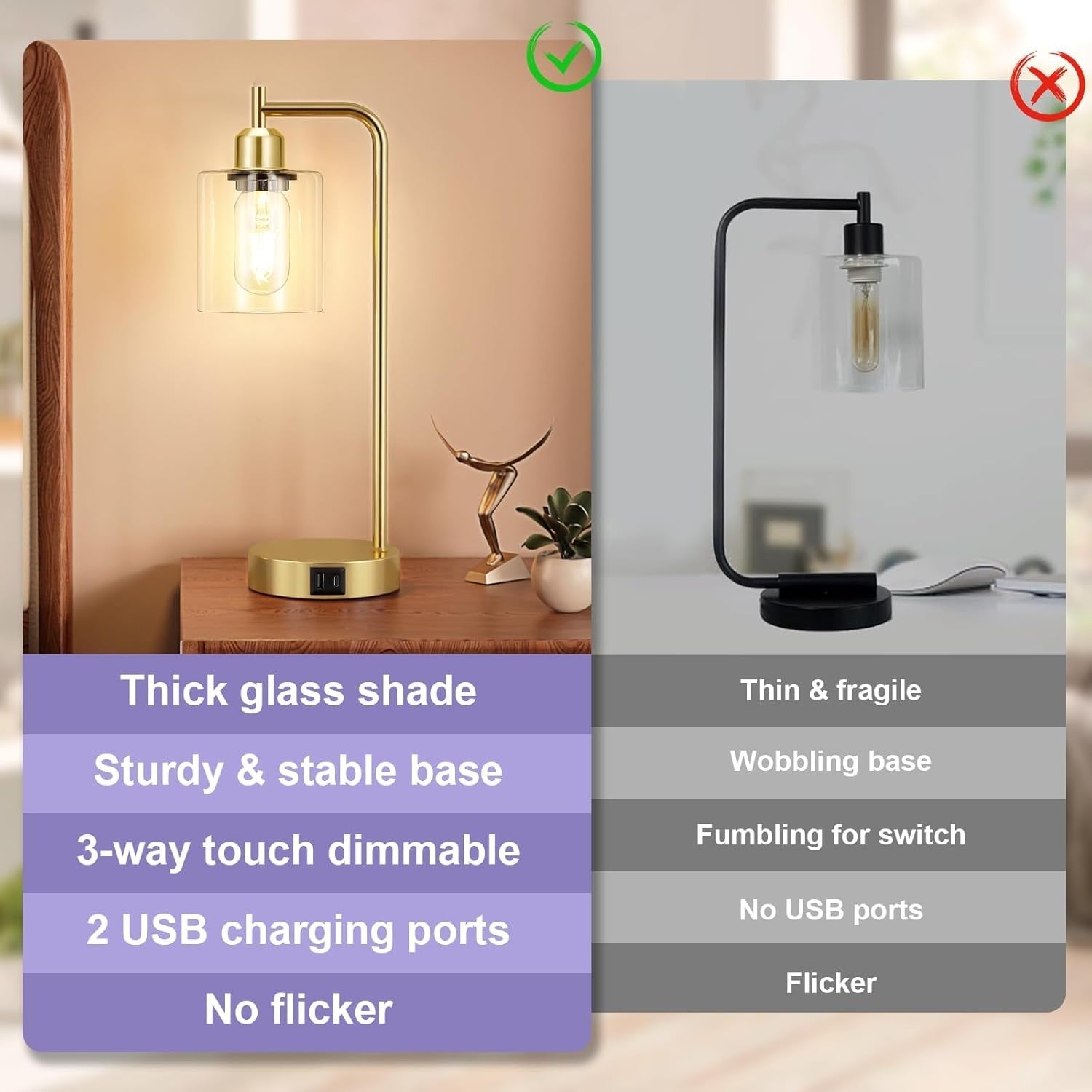 Gold Touch Bedside Lamps Set of 2 USB C+A Dimmable Clear Glass