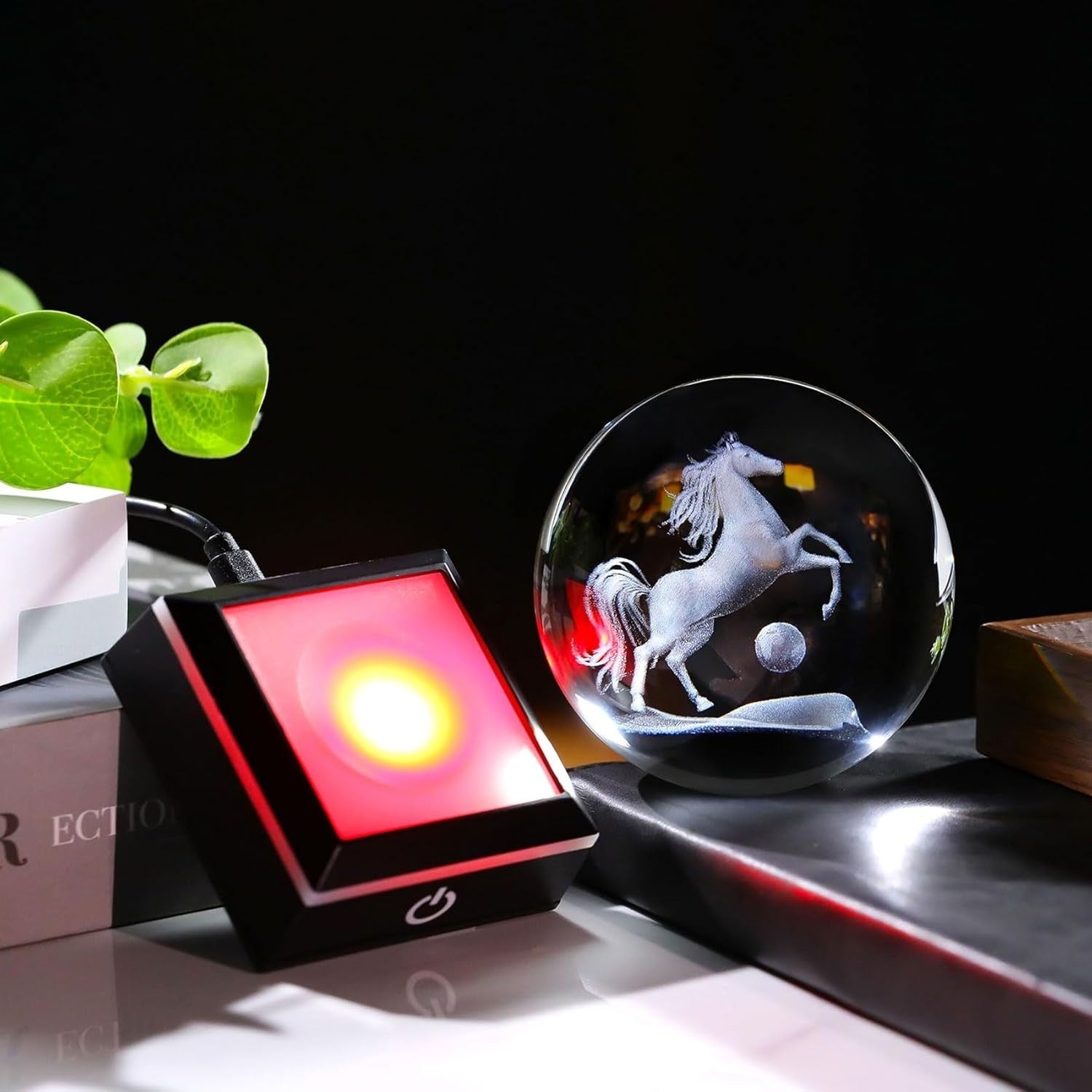 3D Crystal Horse Ball LED Light 8cm K9 Glass Ornament Gift Home Decor