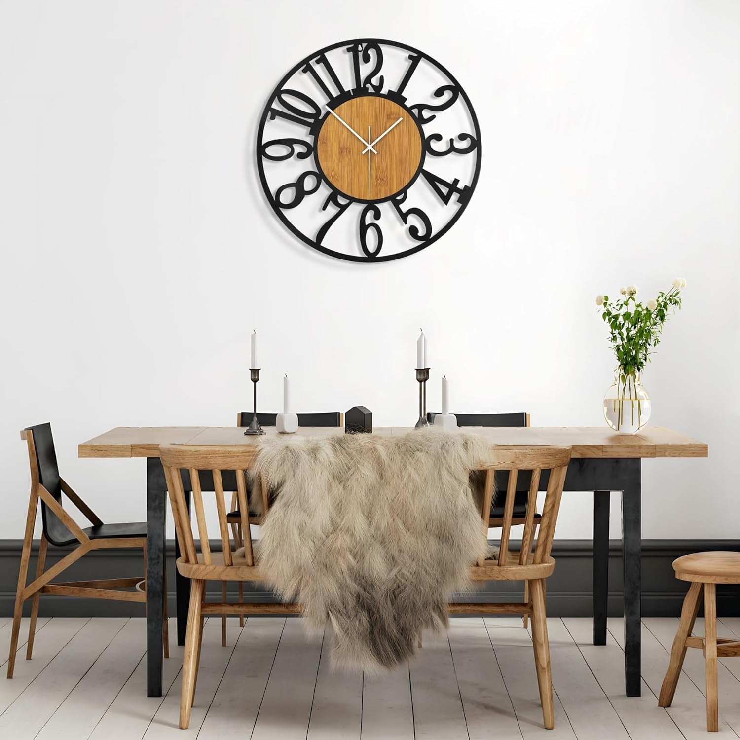 Large 34cm Silent Wall Clock Modern Rustic Metal Wood Arabic  Decor