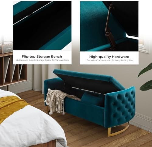 Large Teal Storage Ottoman Bench w/ Pillows Modern Upholstered Metal Legs
