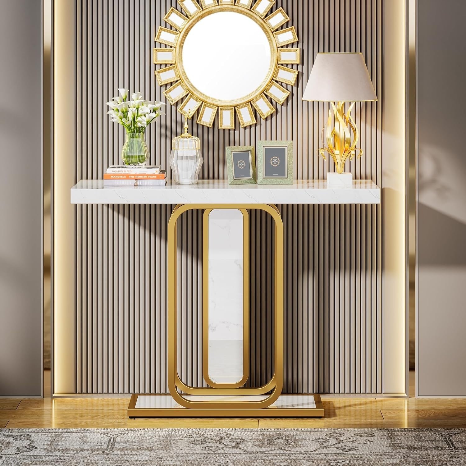 Modern White & Gold Console Table 41.3" Entryway, Faux Marble, Sturdy Metal Legs