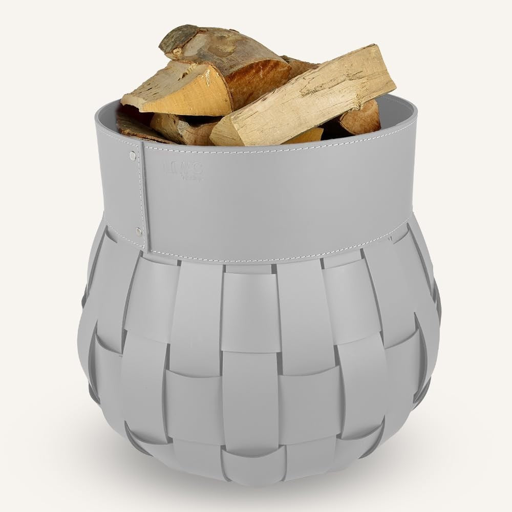 White Leather Firewood Basket with Wheels – Indoor Log Holder, 45x45x48 cm