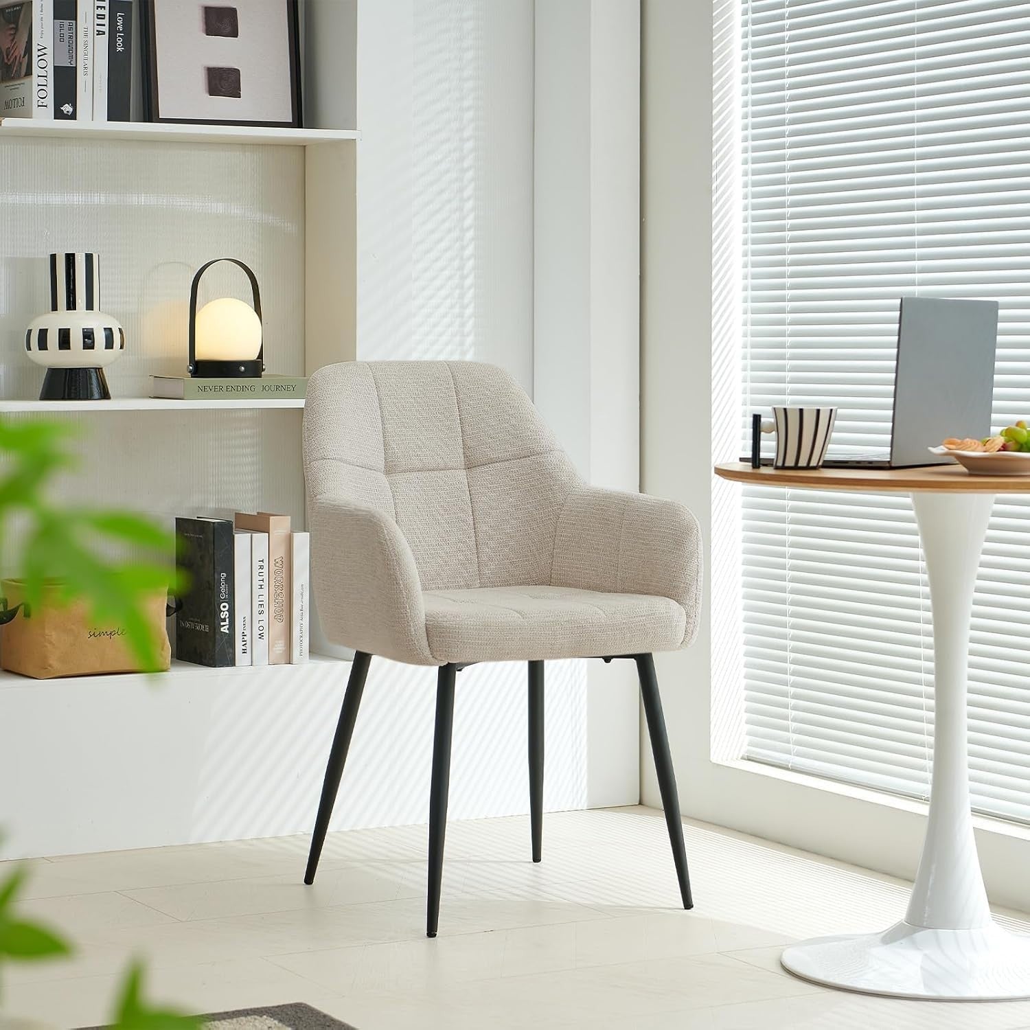 Plush Beige Dining Chairs Set of 2 Ergonomic Padded Seat Metal Legs