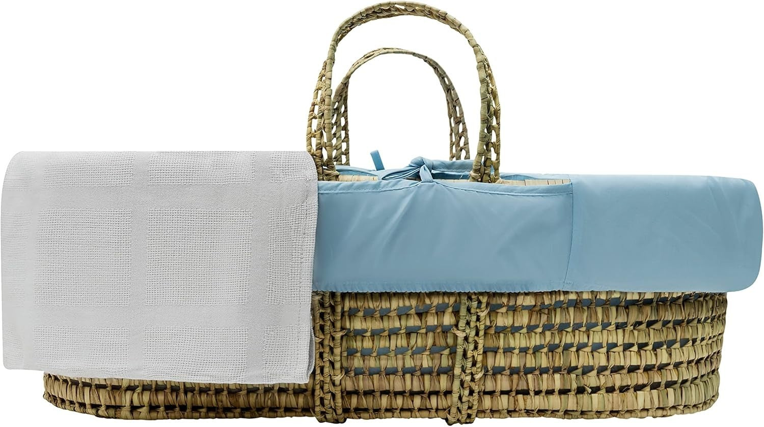 Hand-woven Palm Moses Basket with Deluxe Natural Rocking Stand & Mattress Blue