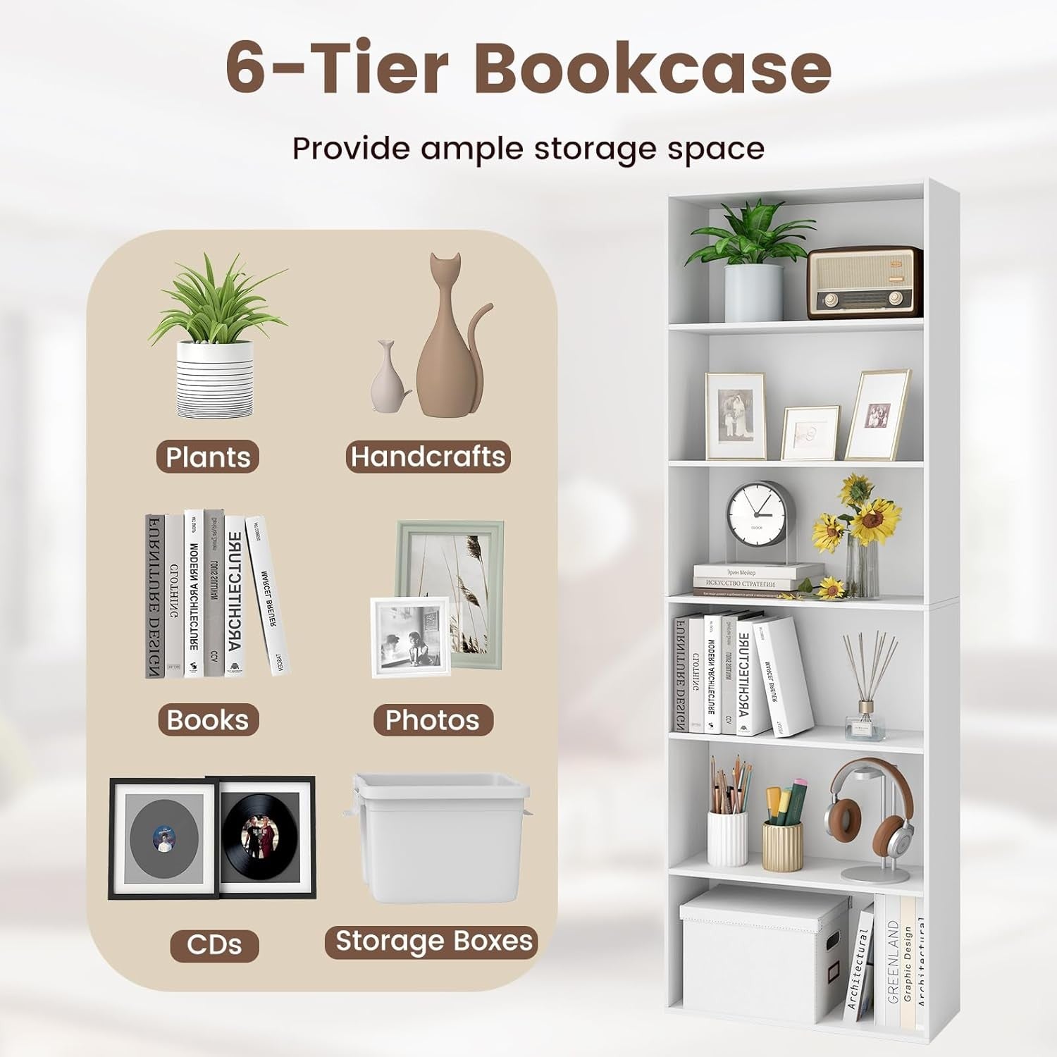 Tall White 6-Tier Bookshelf Storage Unit Modern Display Shelving for Home