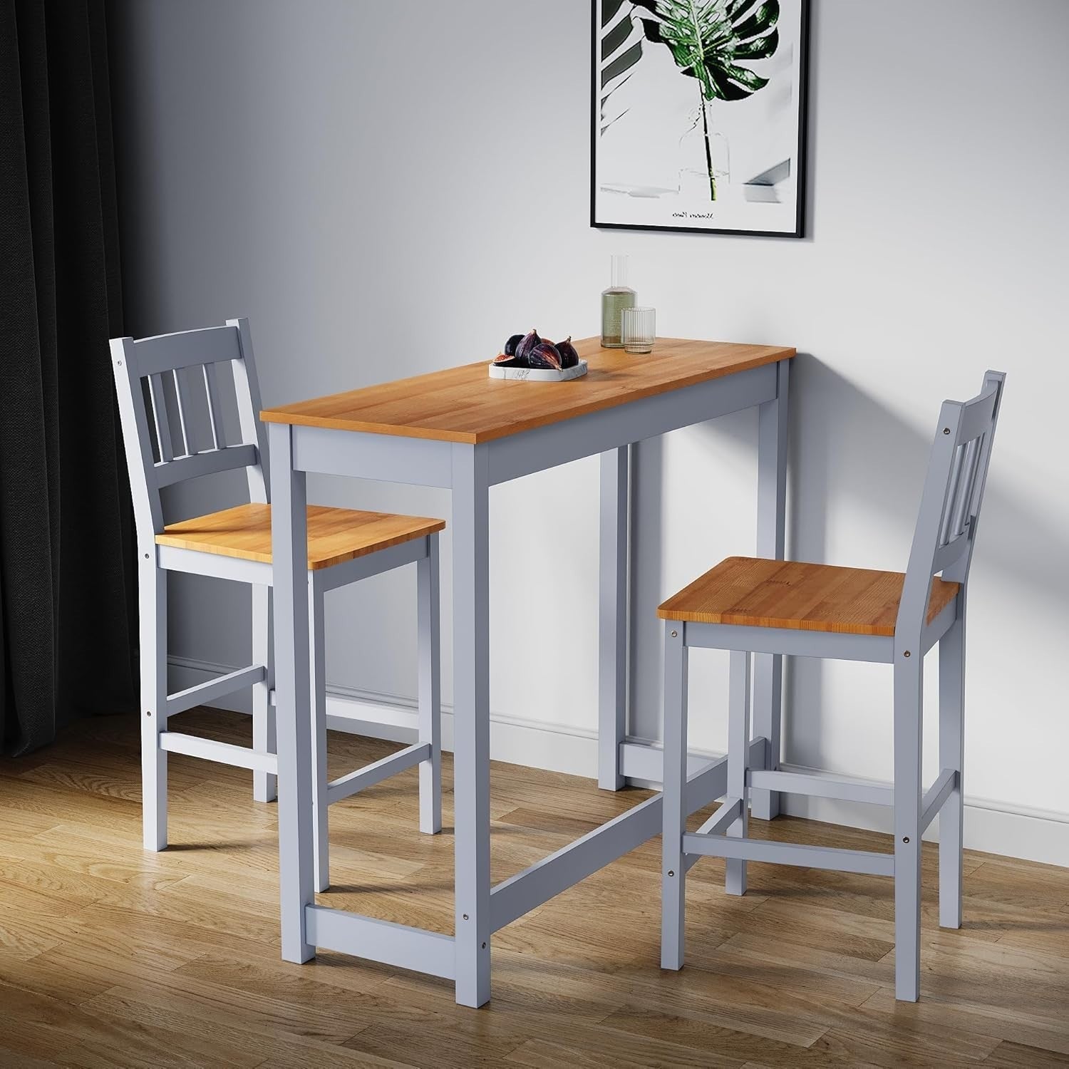 3-Piece Solid Wood Bar Table and 2 Chairs Set, Compact Dining – Honey Grey