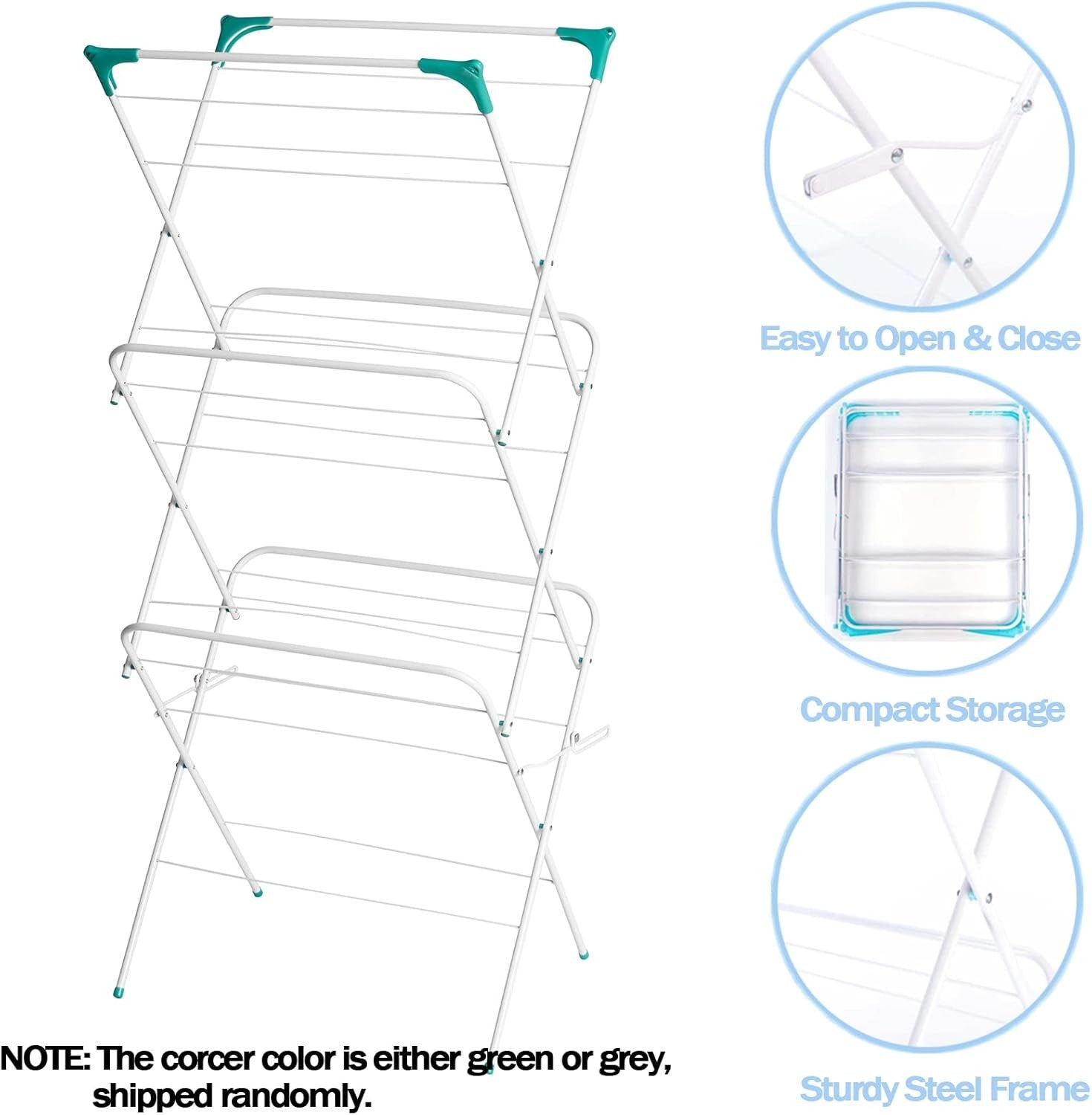 14m Clothes Airer 3 Tier Folding Laundry Drying Rack with Corner Hooks Indoor