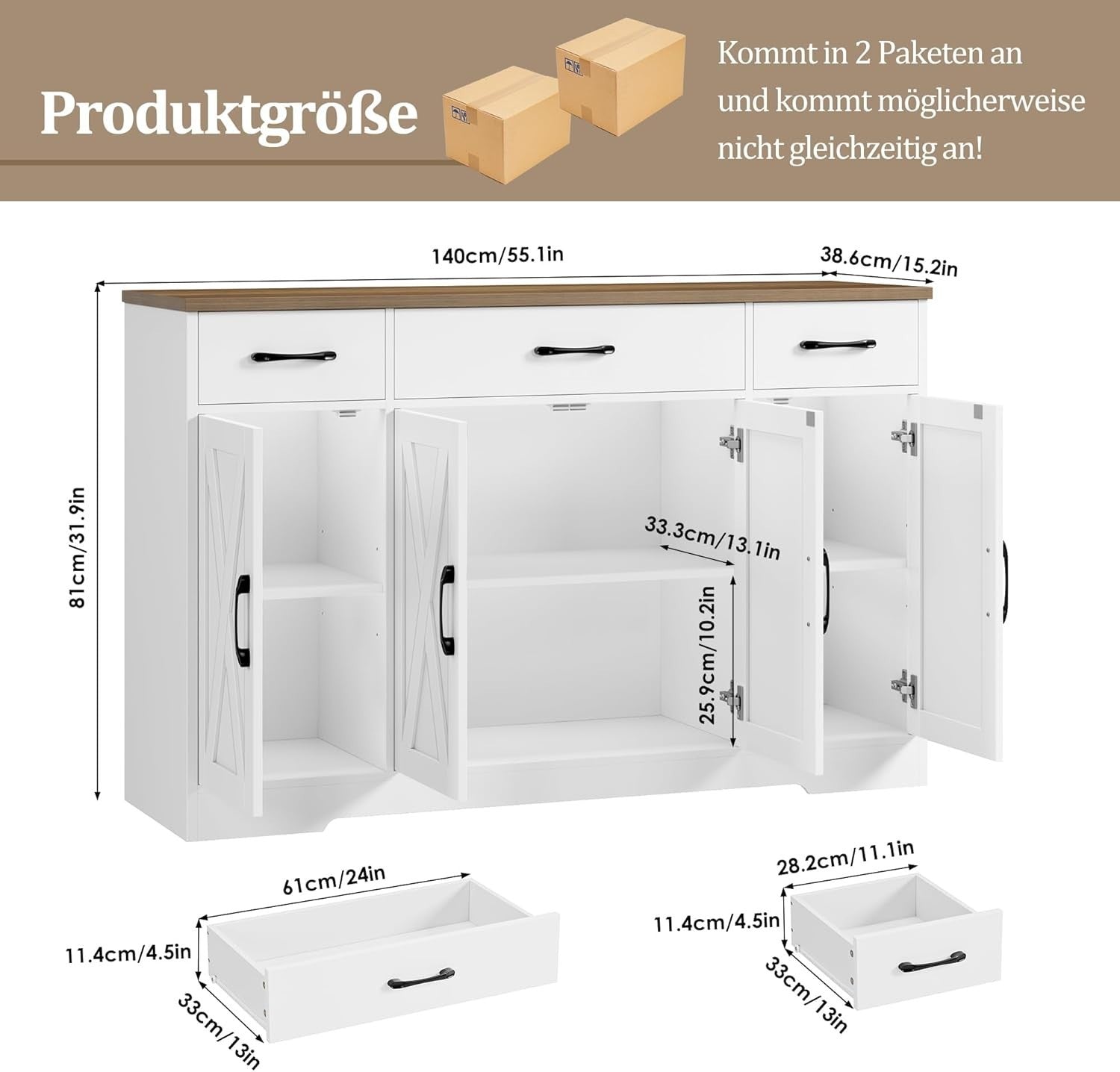 Kitchen Sideboard Cabinet 140cm with Drawers Adjustable Shelves Storage Unit