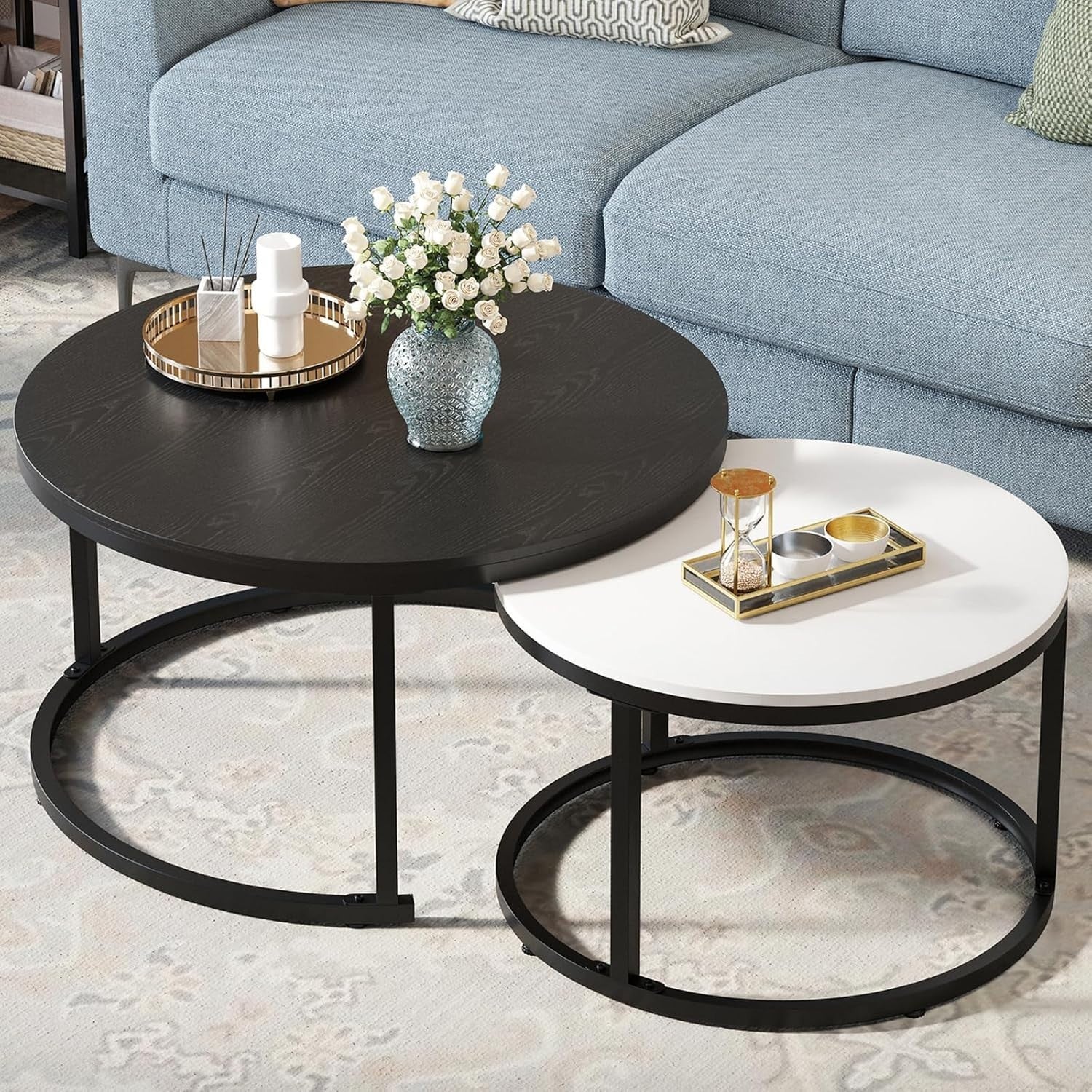 Modern Nesting Coffee Table Set of 2 Round Wood Accent Tables with Metal Frame