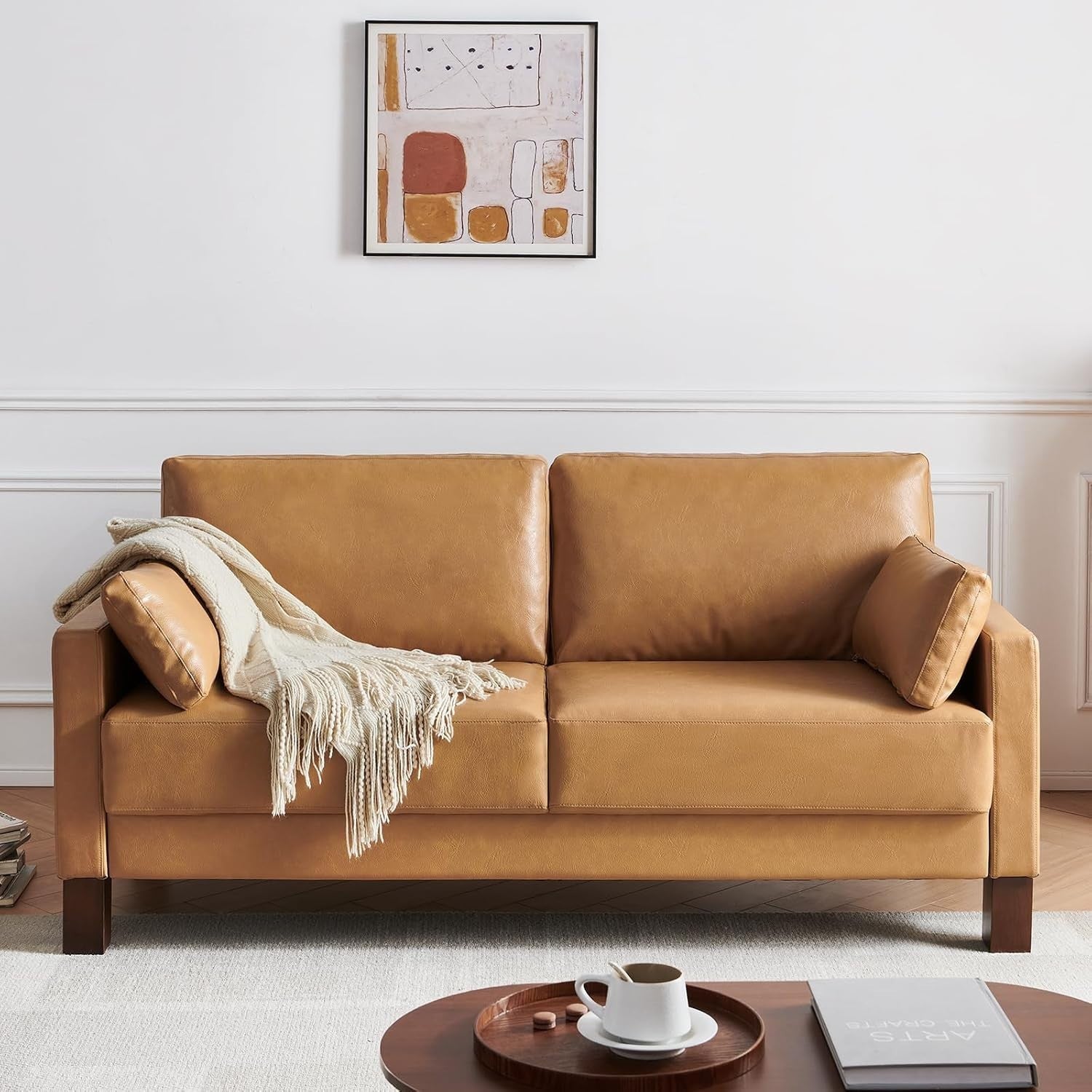 Leather Loveseat Sofa 2-3 Seater Leather Tan 66 Modern Couch for Lounge Office