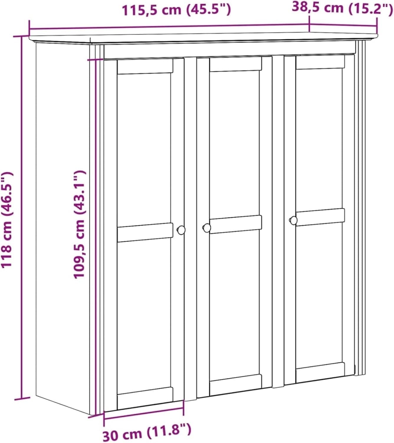 Grey Solid Wood Cabinet | 3 Glass Doors & Metal Handles 118cm